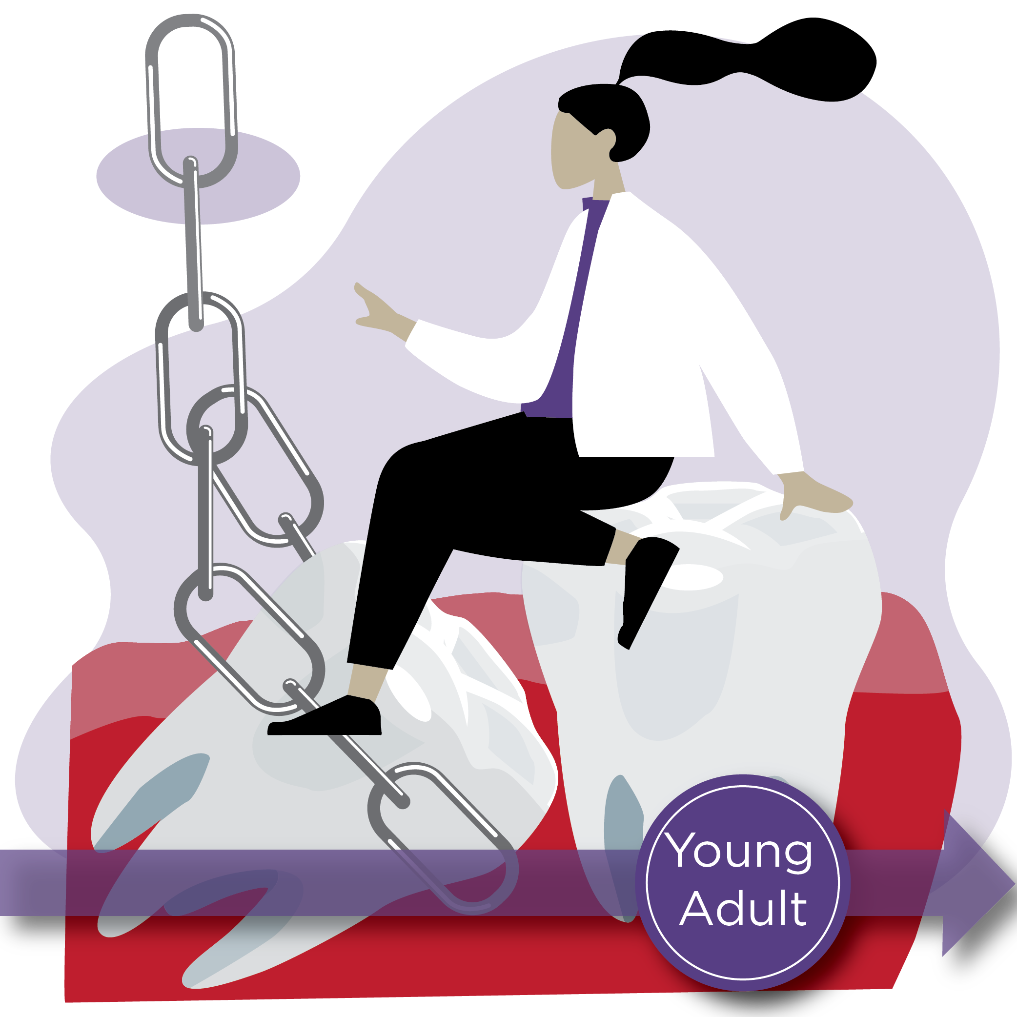 Illustration of a figure sitting on a large tooth and another tooth is being extracted with a chain to indicate wisdom teeth removal. There is a banner across the bottom of the image that says, "Young Adult"