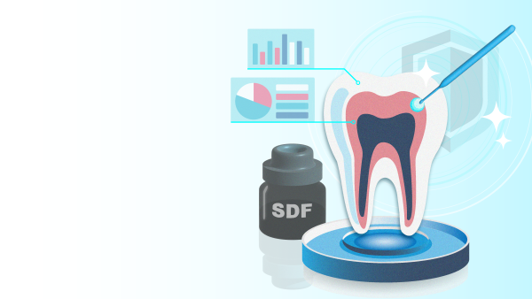 Illustration of a tooth along with a bottle of Silver Diamine Fluoride and an applicator applying SDF to the tooth. ></a></div><div class=
