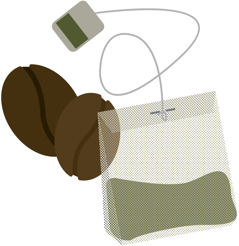 Graphic of tea bag and coffee beans