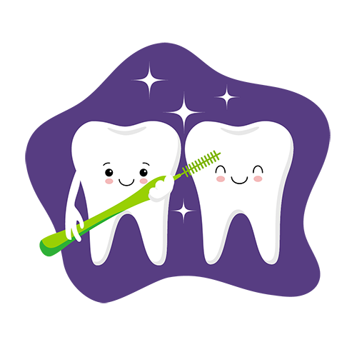 Illustration of two teeth holding an interdental brush to clean between your teeth. 