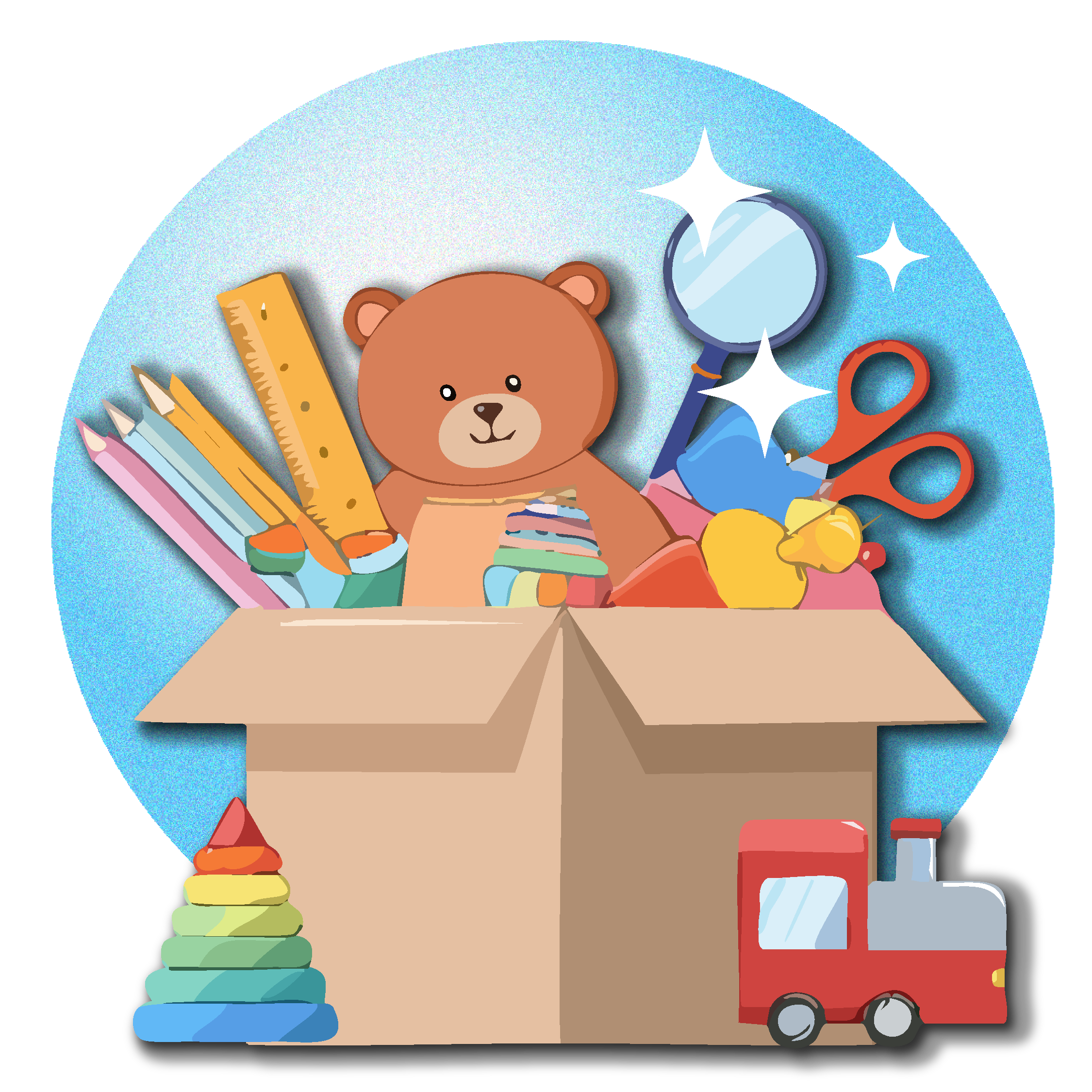 Illustration of a box of children's toys, including a teddy bear, blocks, craft supplies, colored pencils, and more. These items can be used as prizes to give a child for breaking their habit of thumb sucking.