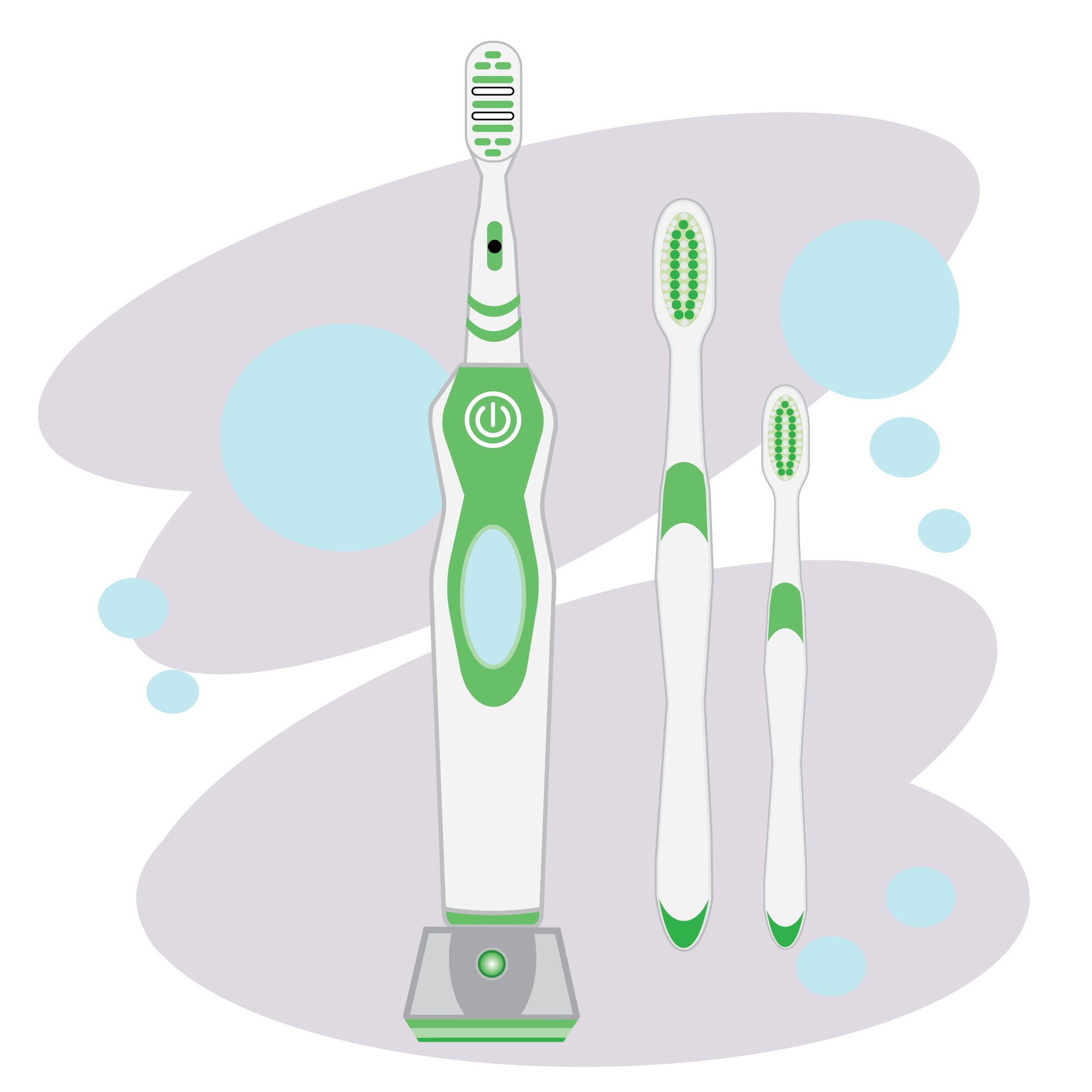 Illustrated version of 3 toothbrushes next to one another; an electric toothbrush, an adult, standard-sized toothbrush and a smaller child-sized toothbrush 