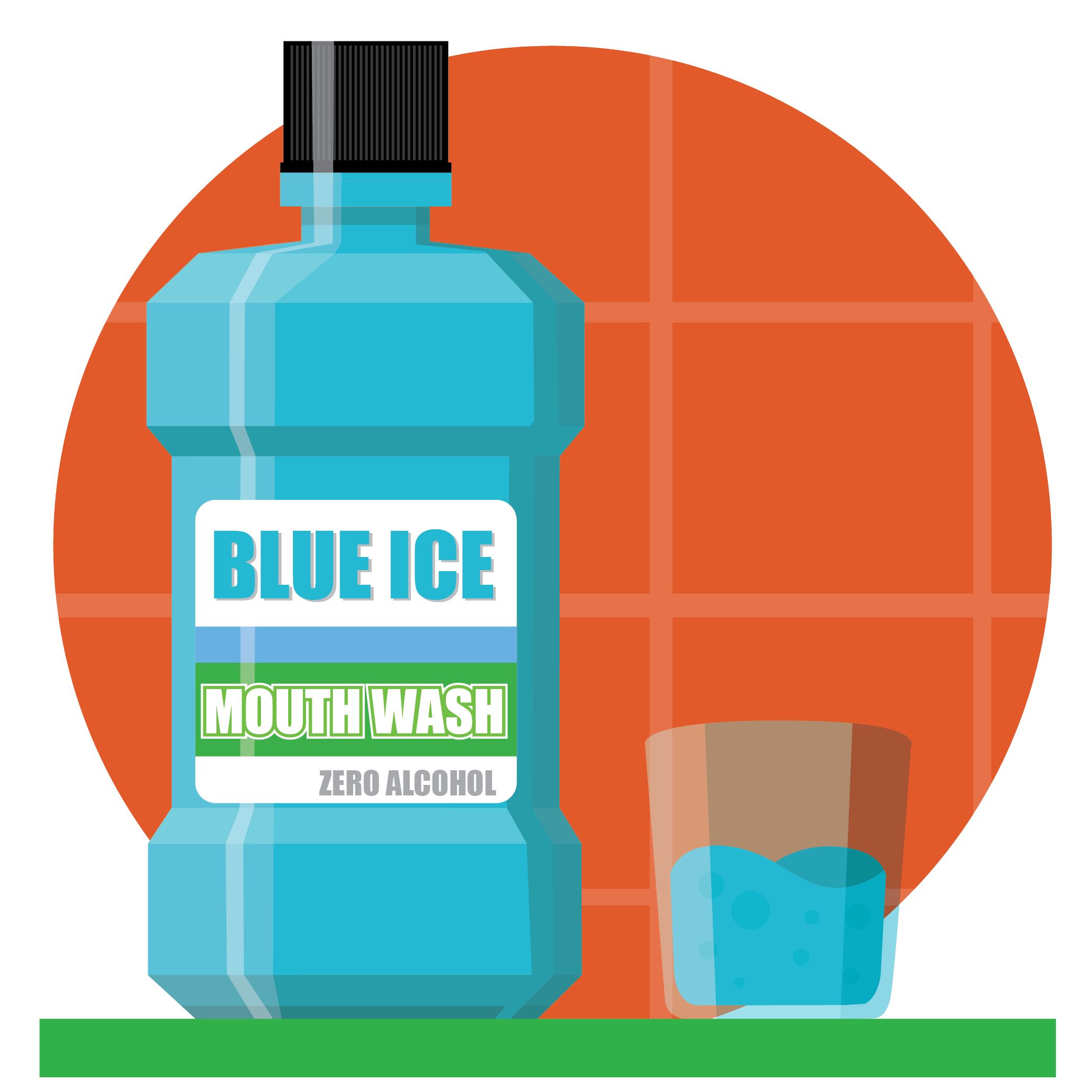 Illustration of a bottle of blue mouthwash sitting on a counter next to a cup full of blue mouthwash in front of an orange tile background 