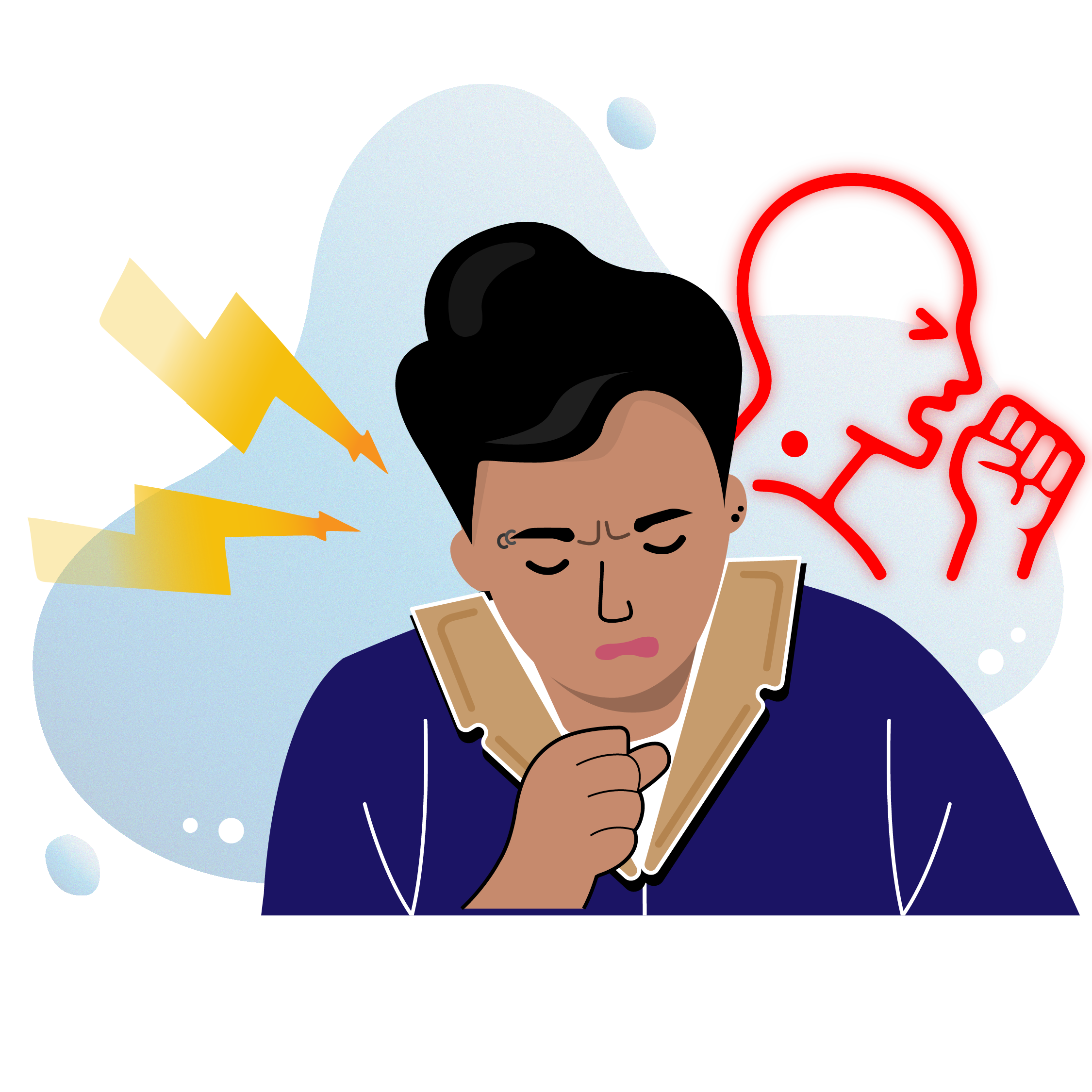 Illustration of someone choking with their fist balled and lightening distress symbols in the background