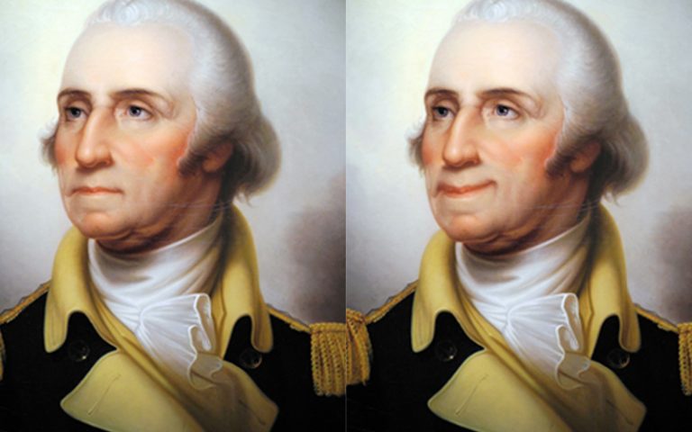 Painting of president Washington and modified painting of Washington smiling