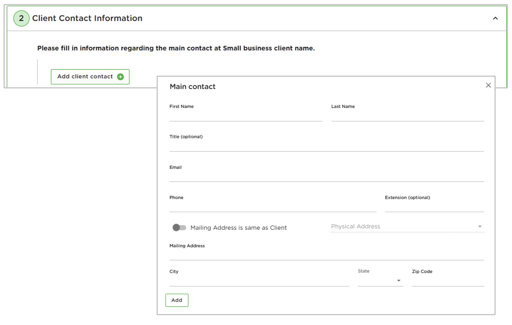 Client information sections screenshot
