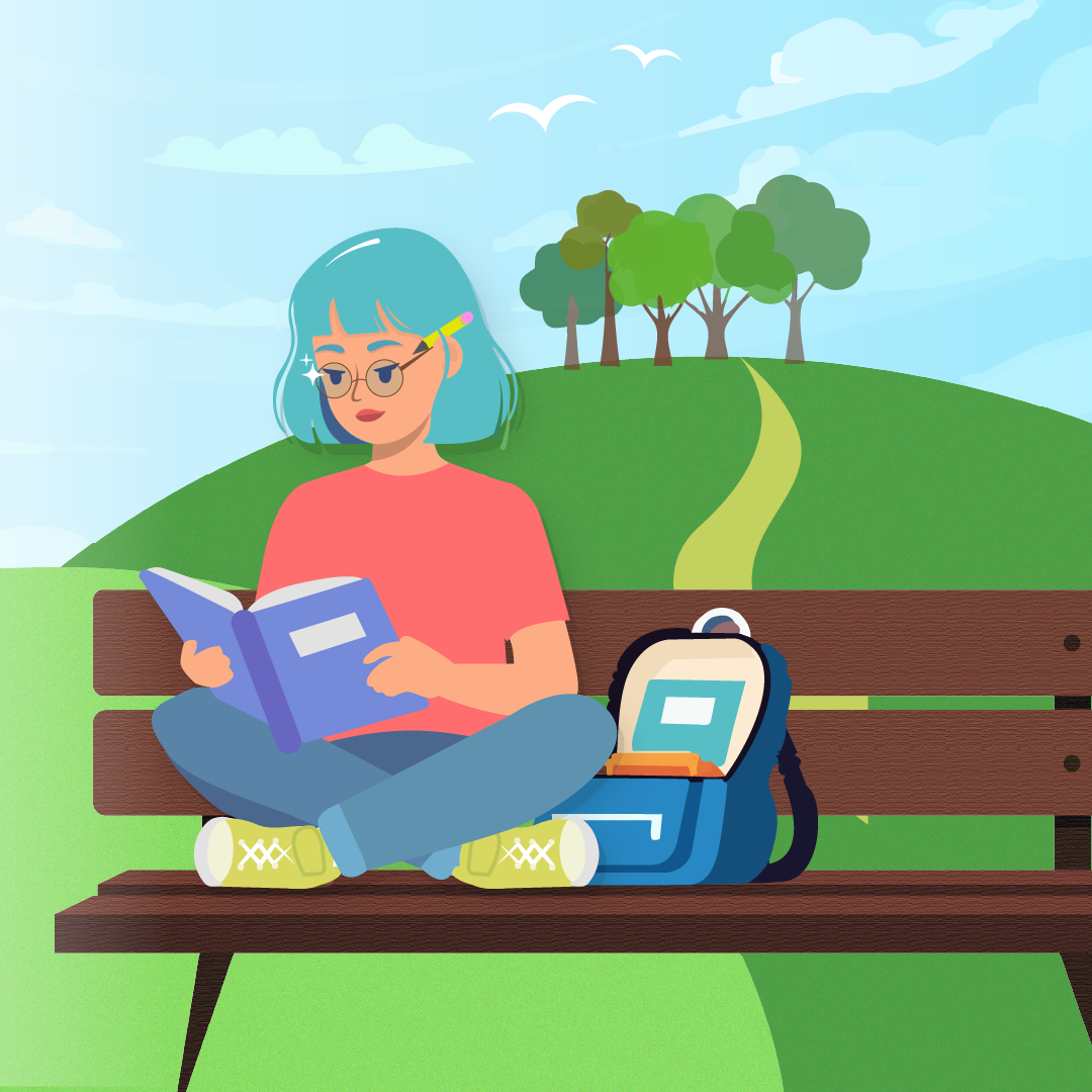 Young girl reads while sitting on a park bench with her open backpack next her. 