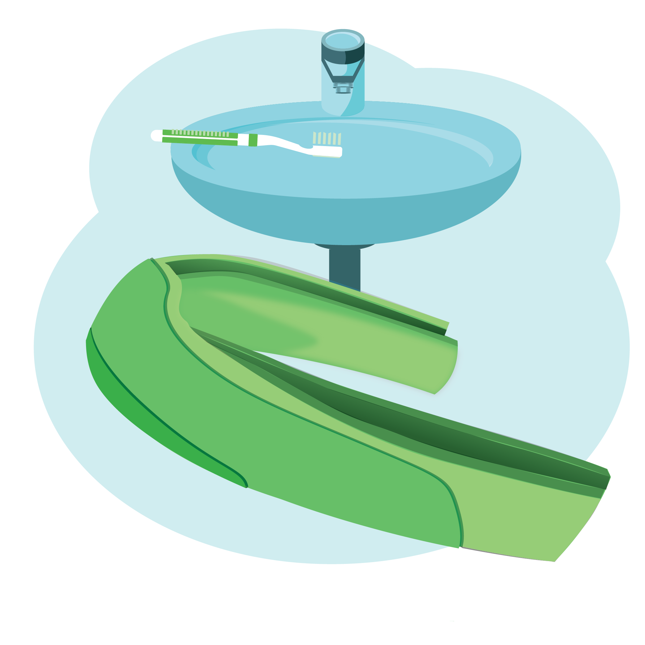 Illustration of mouth guard and sink with a toothbrush