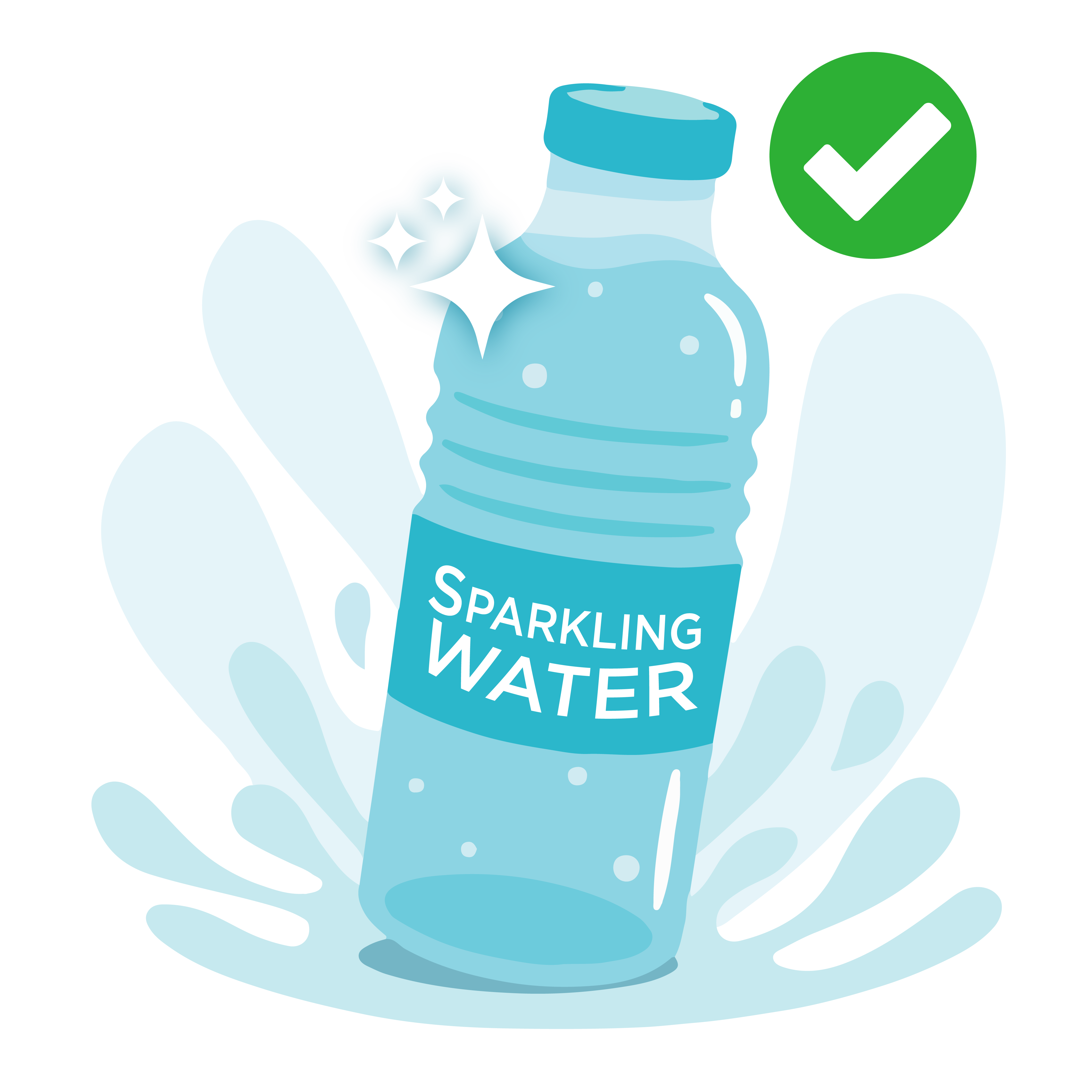 An illustration of a bottled beverage labeled "Sparkling Water" with a green check mark next to it to indicate it's approved as safe for your teeth. 