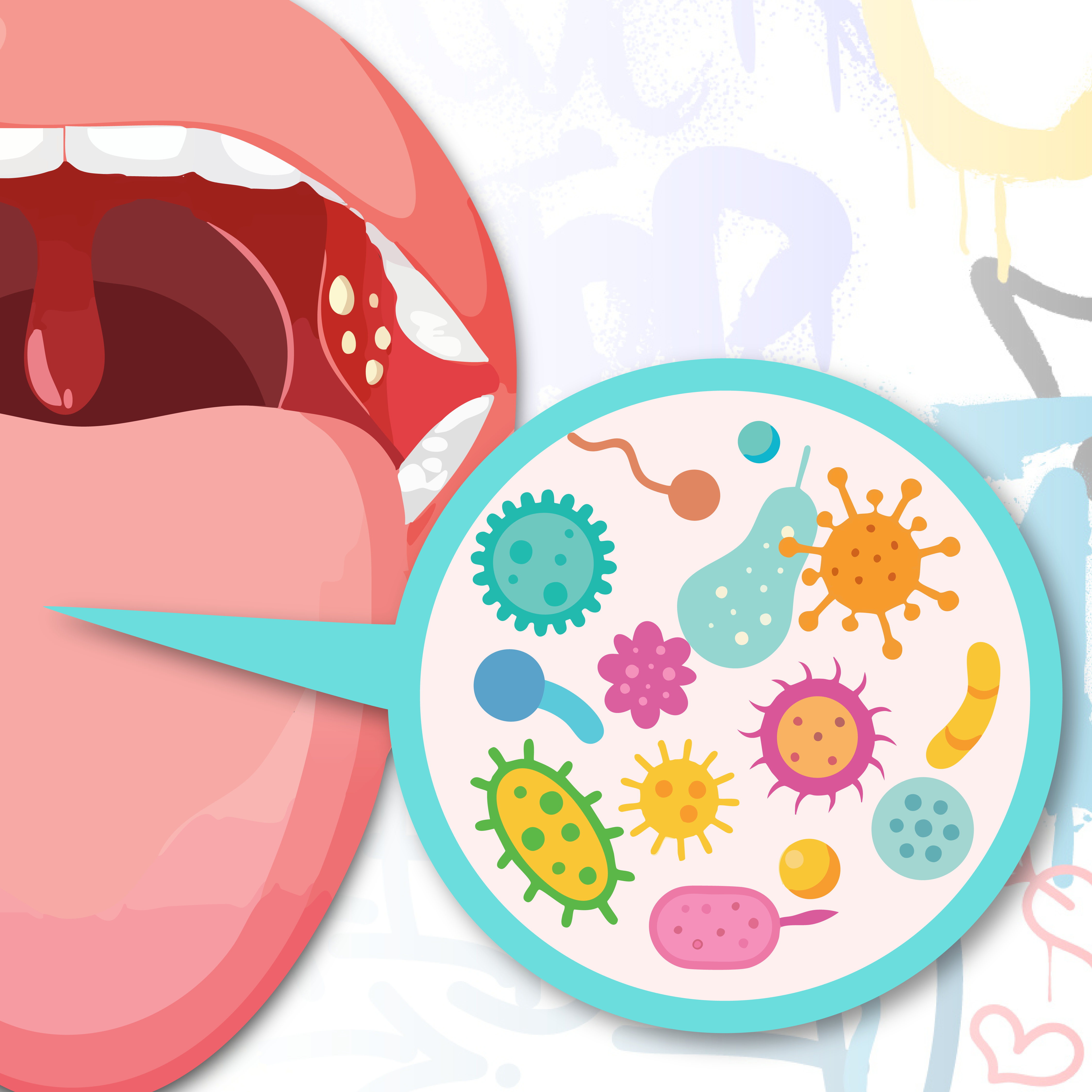 Illustration of a microscope showing a close up of bacteria from inside a mouth