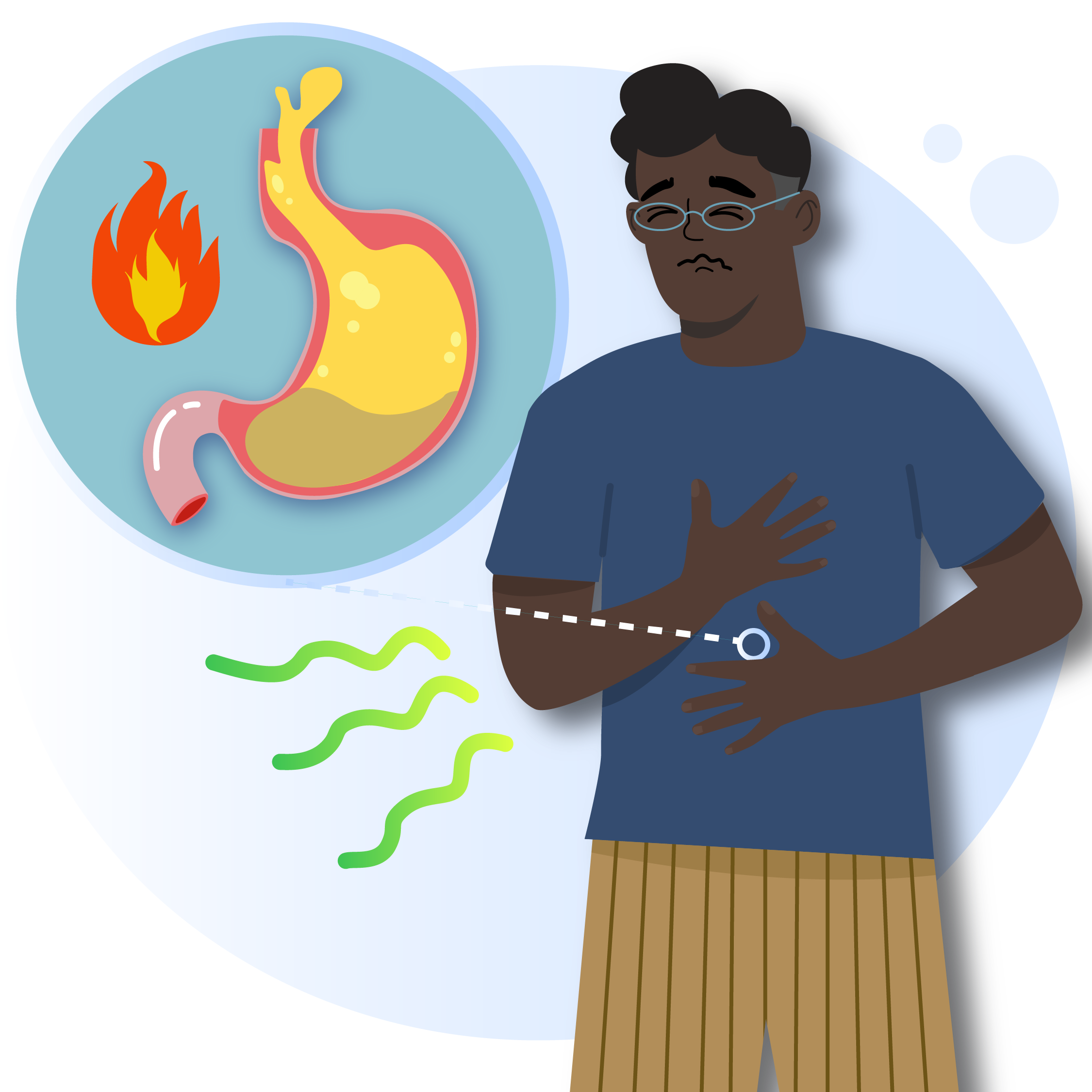 Illustration of acid reflux - person in pain holding abdomen 