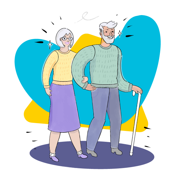 Illustration of elderly couple walking together with their arms interlocked. The elderly man is using a cane to walk. 
