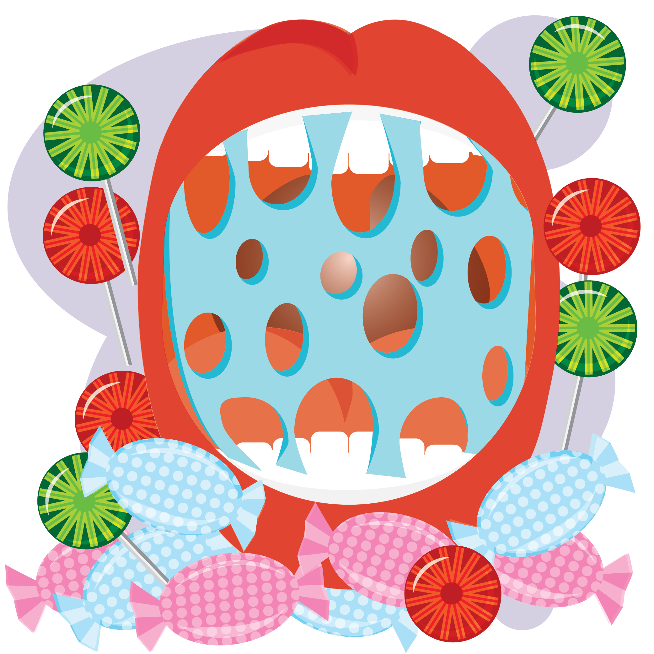 Illustration of mouth and teeth surrounded by candy