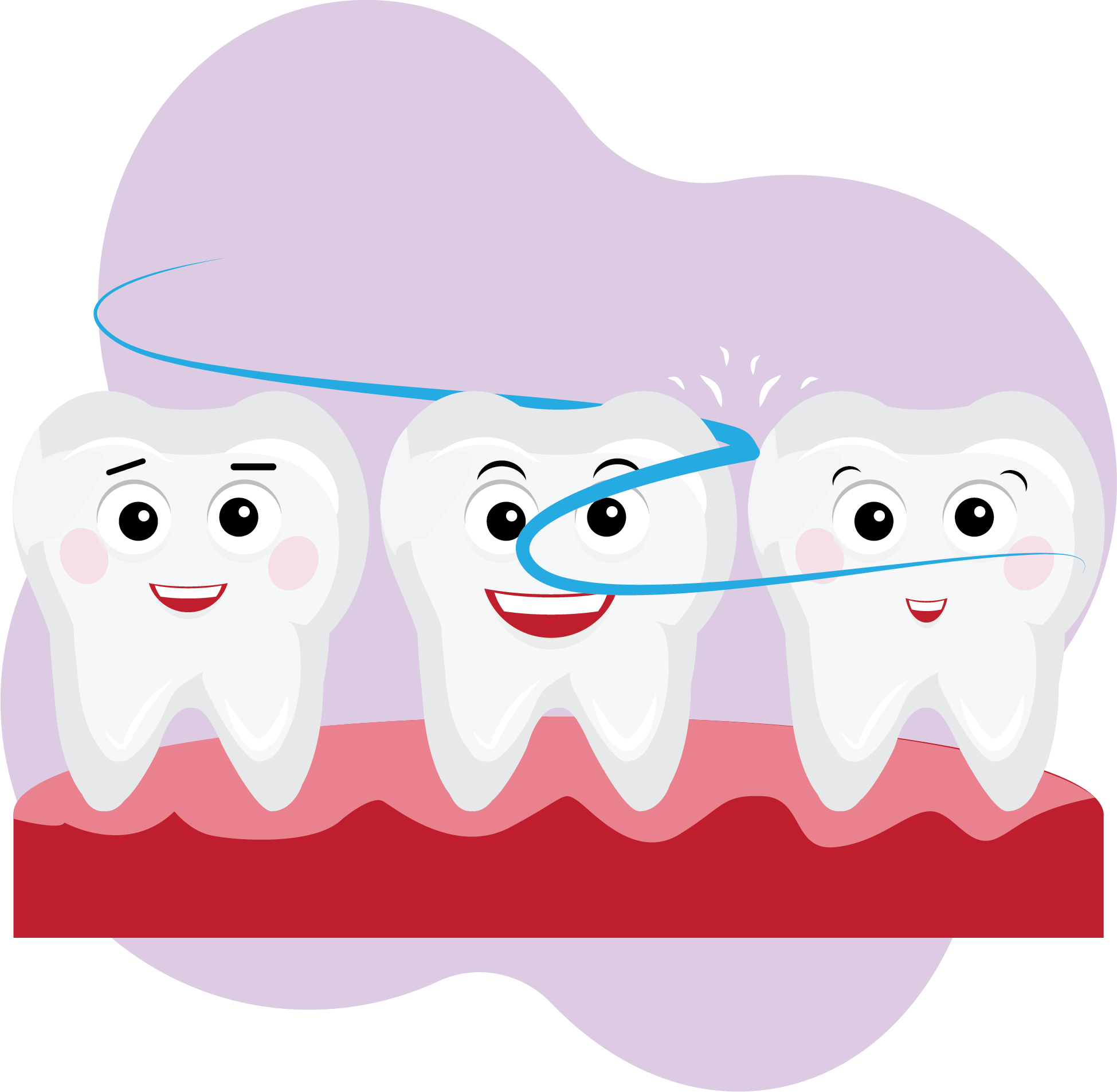 Illustration of 3 teeth smiling and wrapped in floss