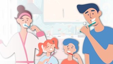 Illustrated young family brushing there teeth.