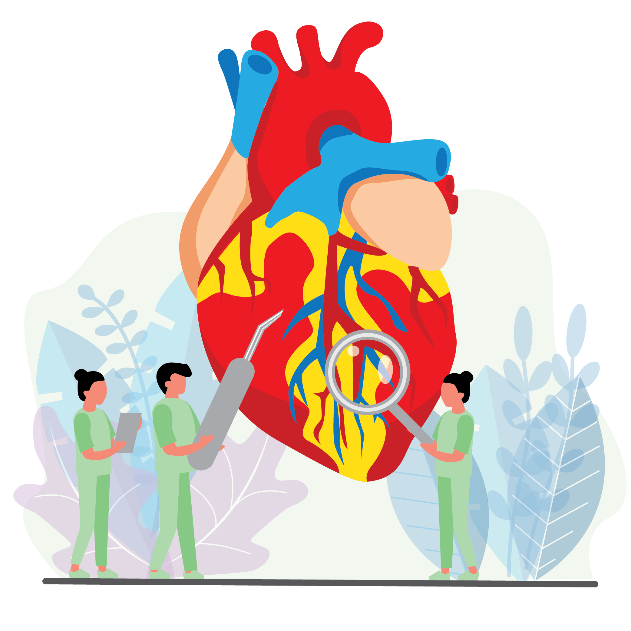 Illustration of an anatomical heart surrounded by three doctors who are holding up dental tools towards it