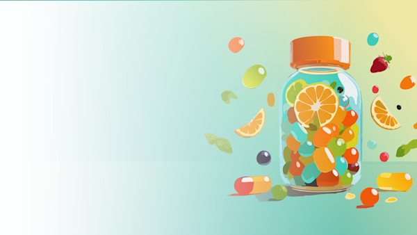 Illustration of a bottle of gummy vitamins. The flavors of the vitamins are represented by bright colors and some different fruits, including strawberries, oranges, limes, and grapes. This. is to show that gummy vitamins are often sugary and fruity flavors. 