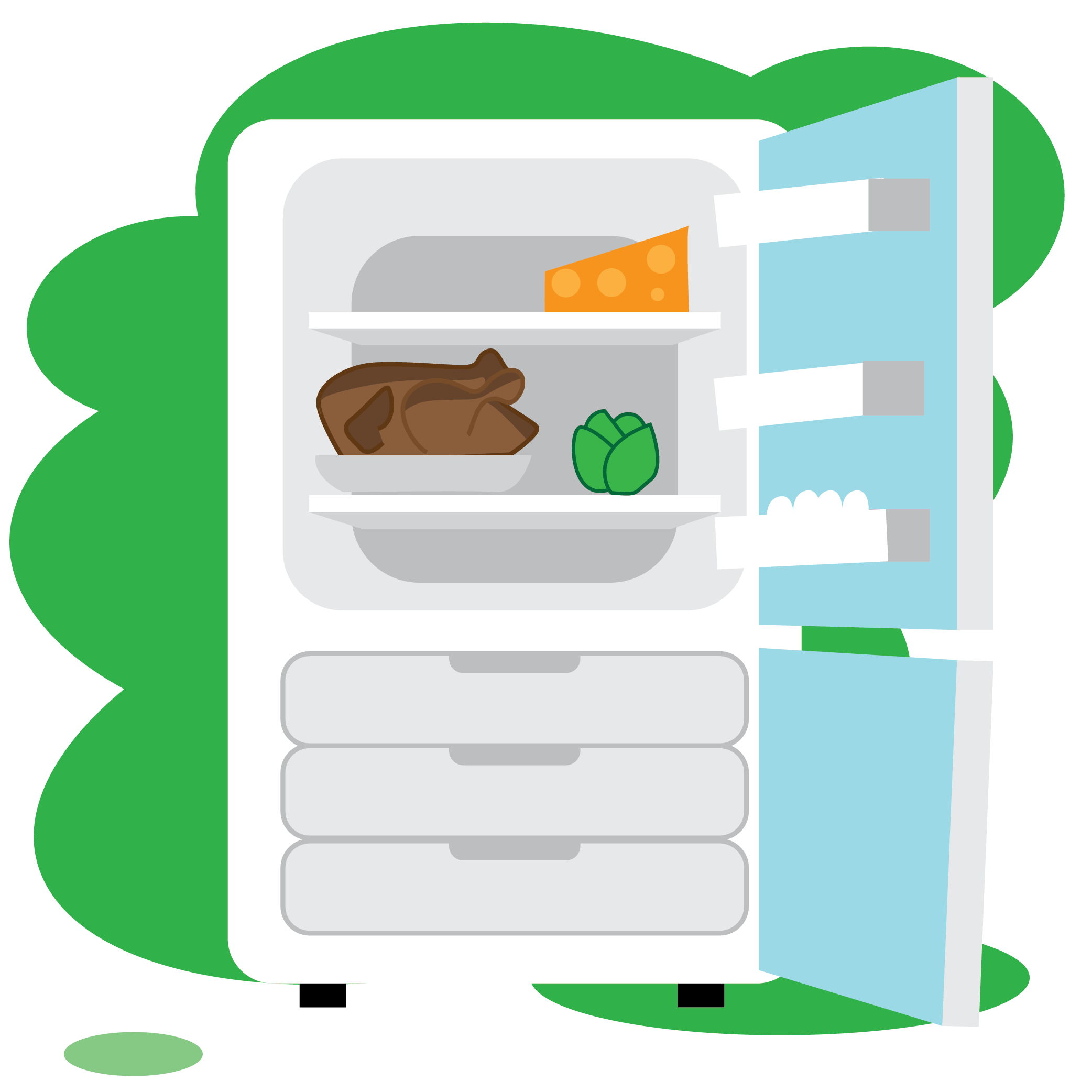 Illustration of open refrigerator with leftovers from Thanksgiving including a turkey, a leafy green vegetable and some cheese. 