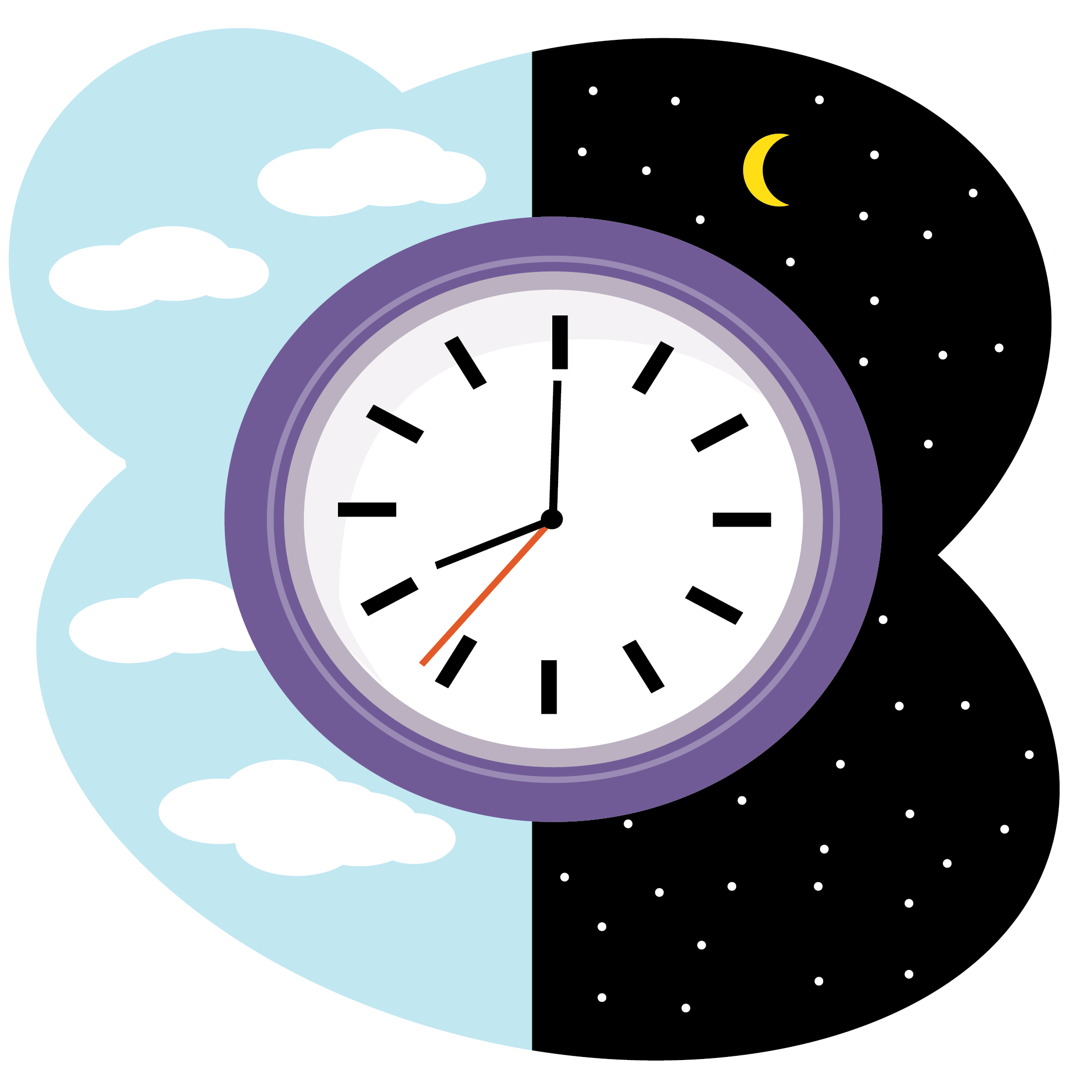 Illustration of a clock in front of a background that is split in half with half showing a blue sky with clouds to indicate daytime and the other half with a dark sky dotted with moon and stars to indicate night