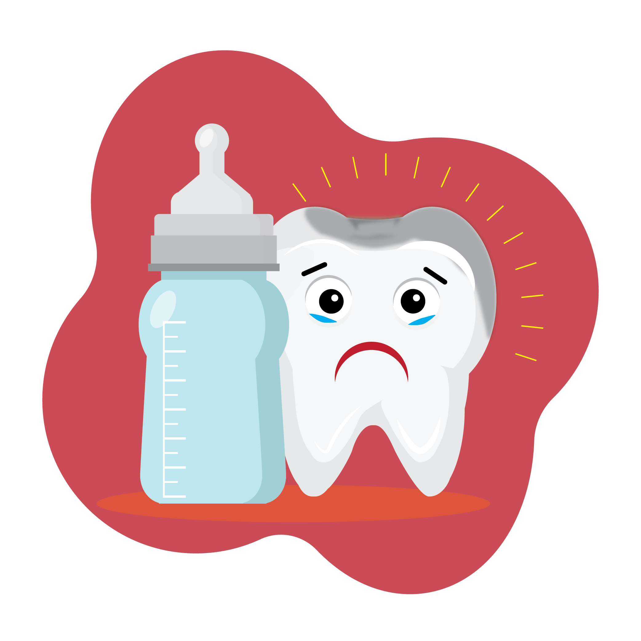 illustration of sad baby tooth with a baby bottle