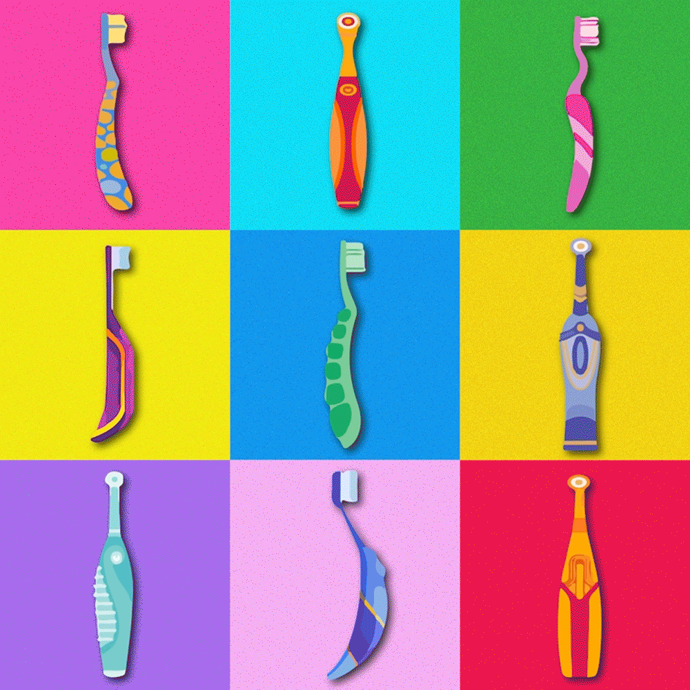 animation of different colors and styles of toothbrushes laid out in a grid with changing colors behind them. 