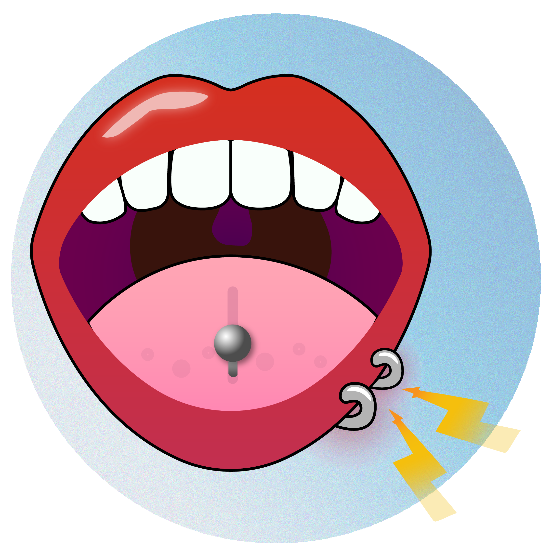 Illustration of an open mouth with a piercing in the tongue and two ring piercings on the lower lip