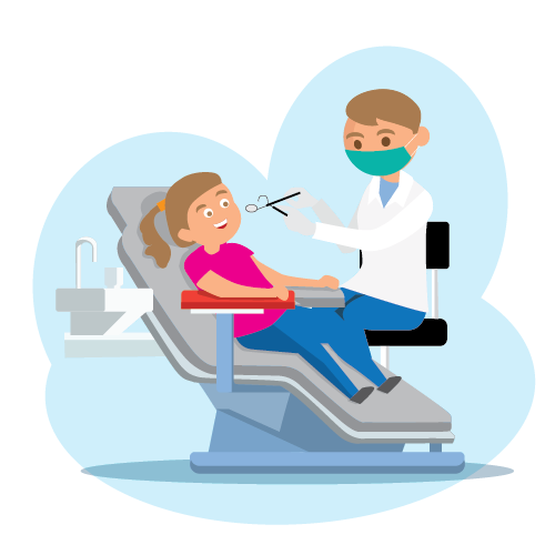 Illustration of young girl in a dental chair. Dentist is sitting beside her in an office chair while wearing a mask and holding a dental tool pointed toward her mouth. 
