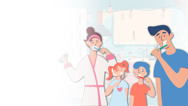 Illustration of a family - a mother, a father, young boy and young girl - brushing their teeth together. 