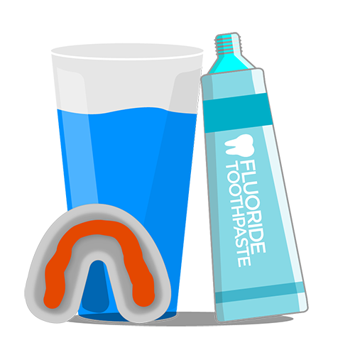 Illustration of cup of tap water, dental tray filled with fluoride and a tube of fluoride toothpaste