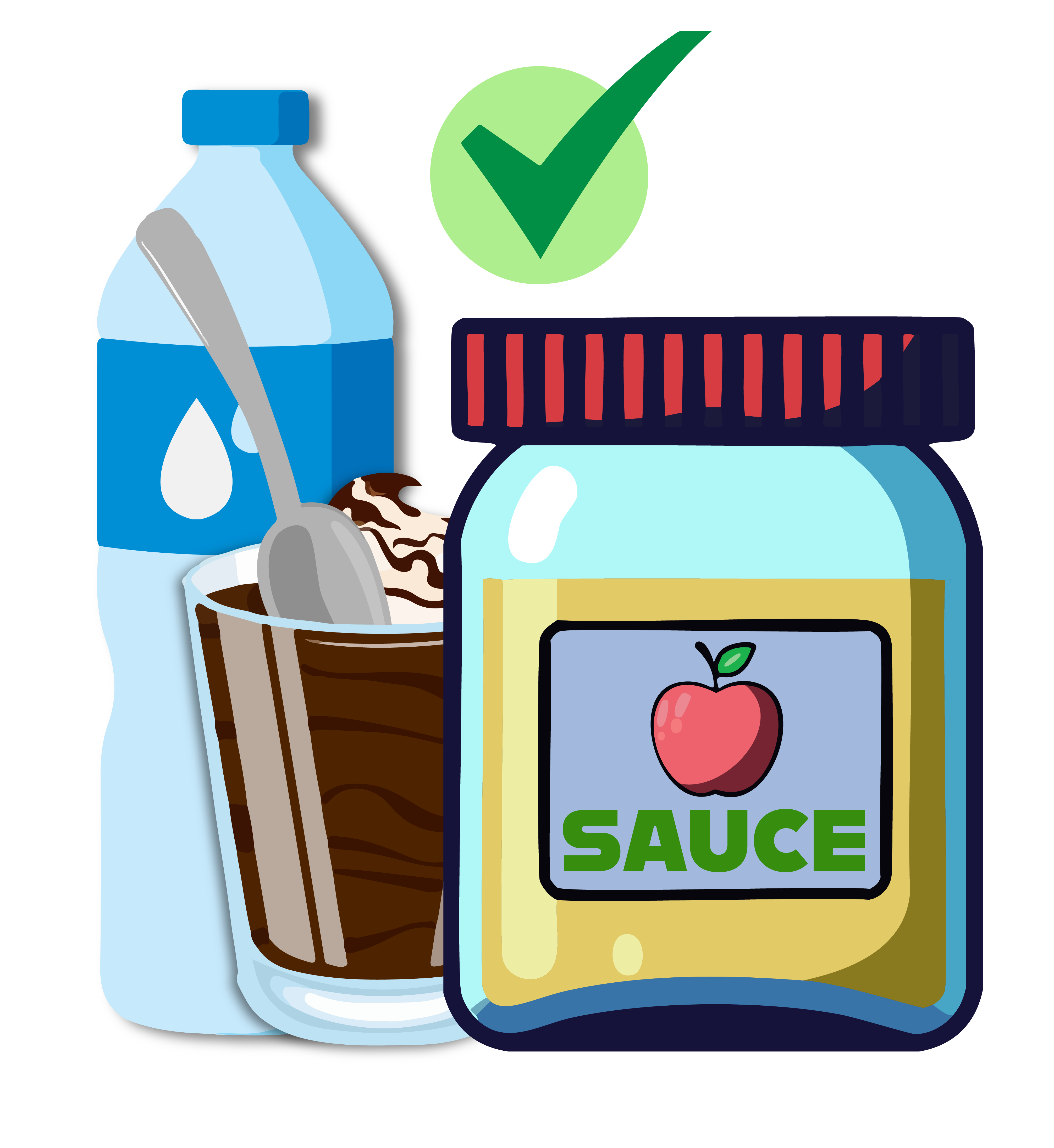 Illustration of a bottle of water, a cup of pudding and a jar of applesauce.