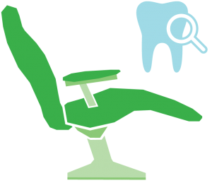 Graphic of dentist chair and tooth under a microscope