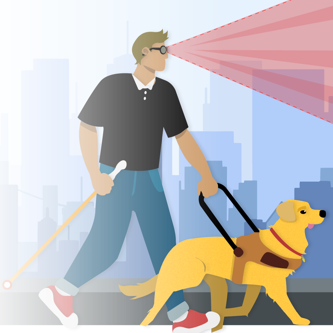 Man with low vision walking with the help of a cane and being lead by a seeing eye dog 