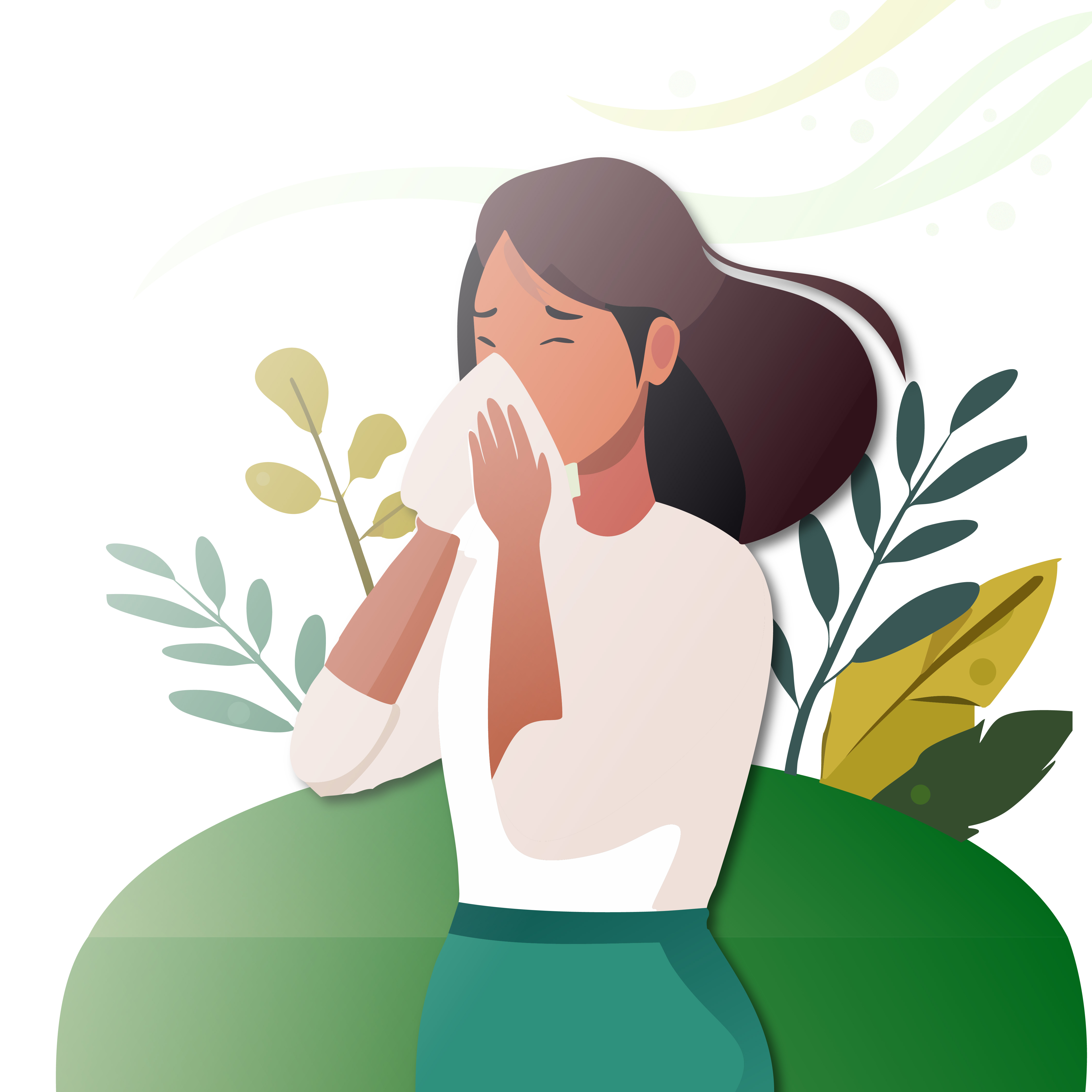 Young woman blows her nose into a tissue after experiencing allergies. There are leafy plants in the background to indicate pollen as a cause for the allergy symptoms. 