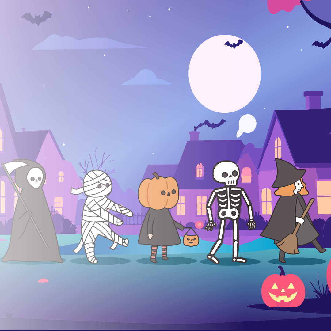 Kids in Halloween costumes tick or treating 