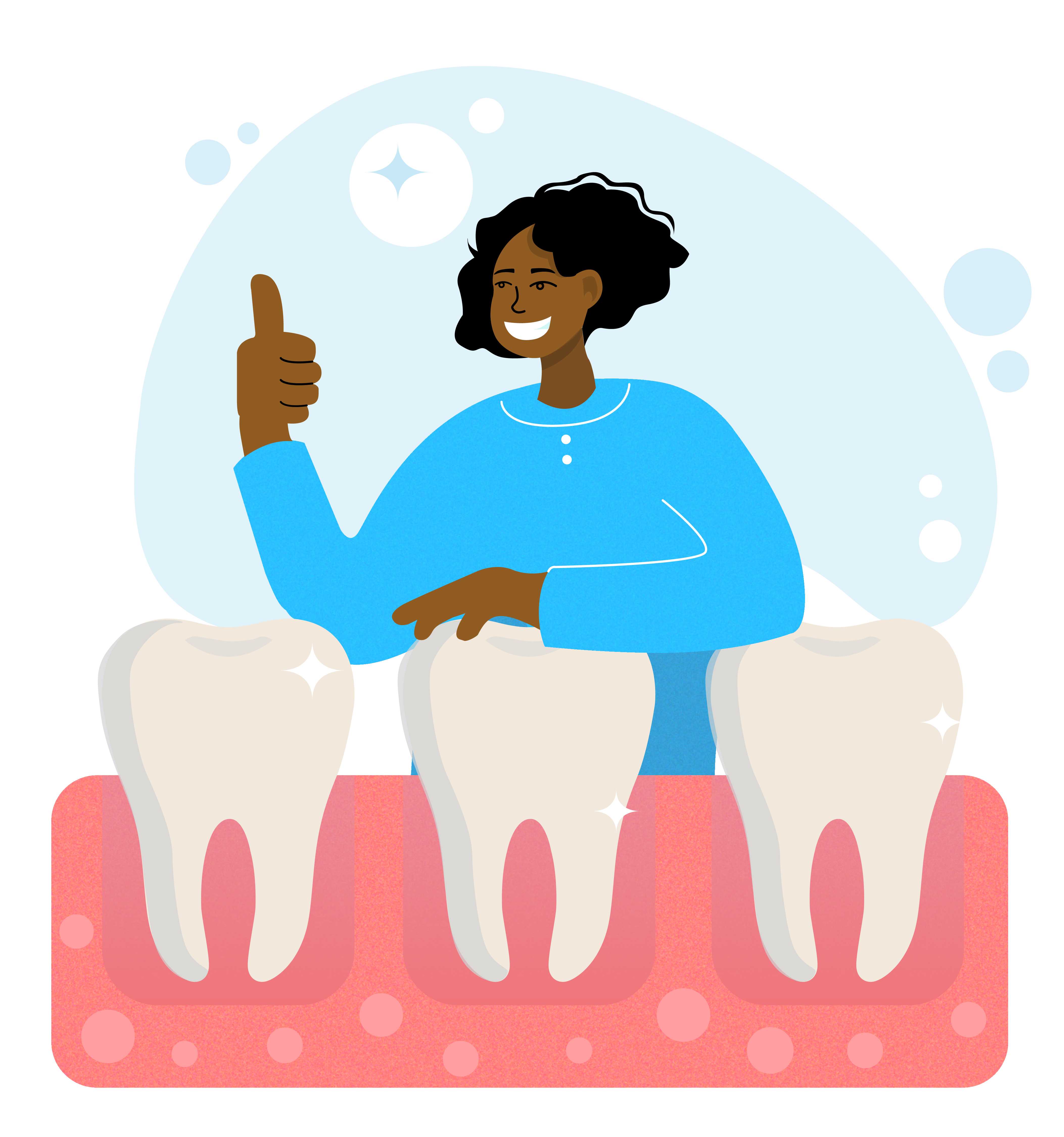 Illustration of smiling woman giving a thumbs up while standing behind 3 giant teeth and gums