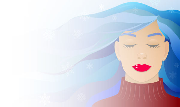 Illustration of young woman with blue hair and red lips