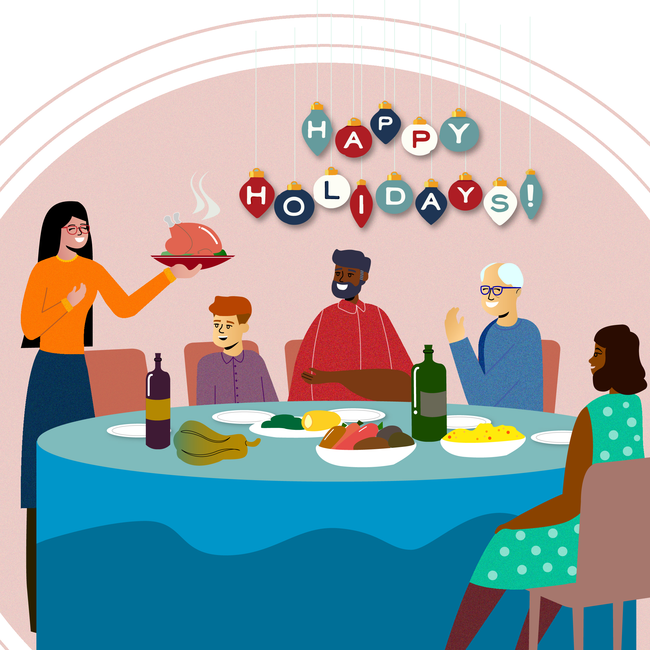Illustration of a multi-generational family sitting at a dining room table enjoying a meal together