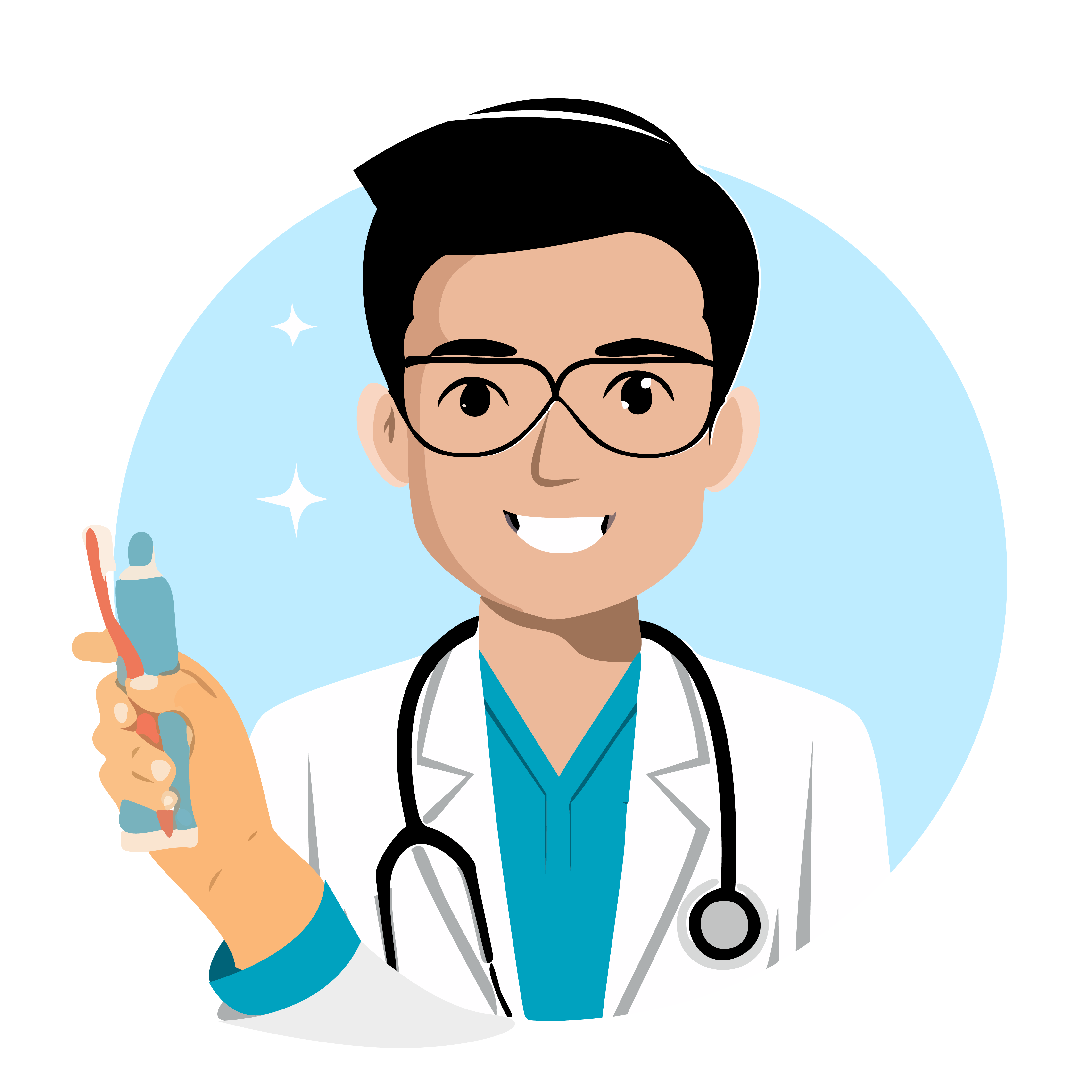 Illustration of a medical professional wearing a lab coat and stethoscope. He is smiling and holding up a toothbrush and a tube of toothpaste. 