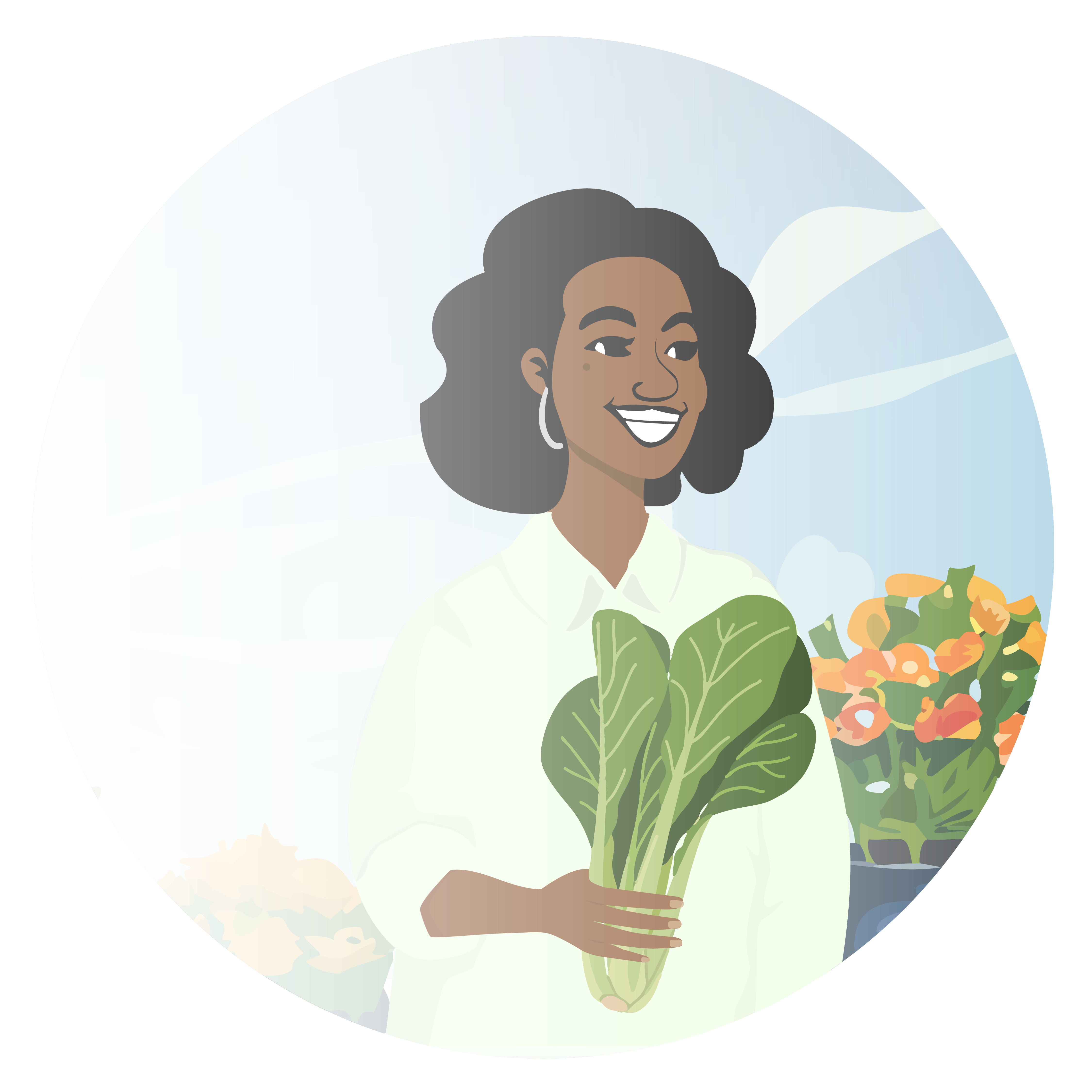 Illustration of smiling young woman holding leafy greens and flowers appear in the background from her garden