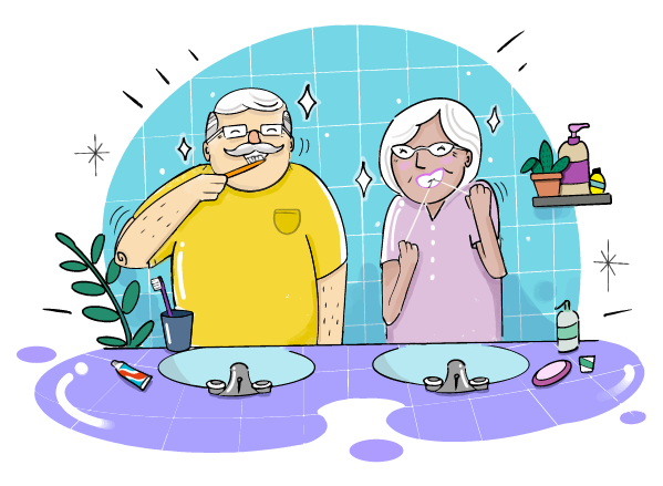 Illustration of an elderly couple standing in the bathroom in front of two sinks. The man is brushing his teeth while the woman flosses her teeth. 