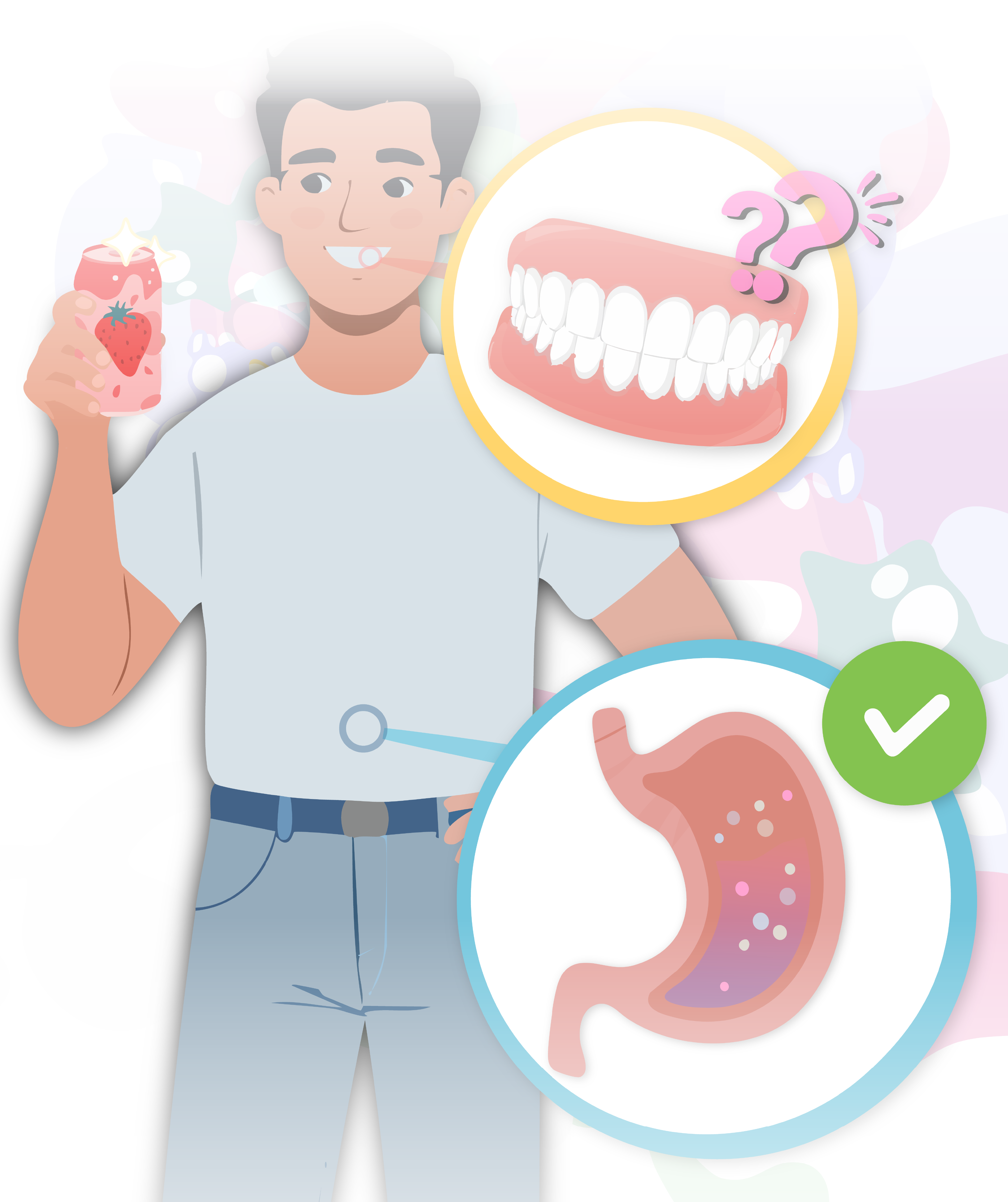 Man smiling while holding prebiotic soda. Green check mark with an arrow pointing to his stomach, indicating the positive effects prebiotic drinks can have on gut health. Quesiton marks next to an image of a smile 