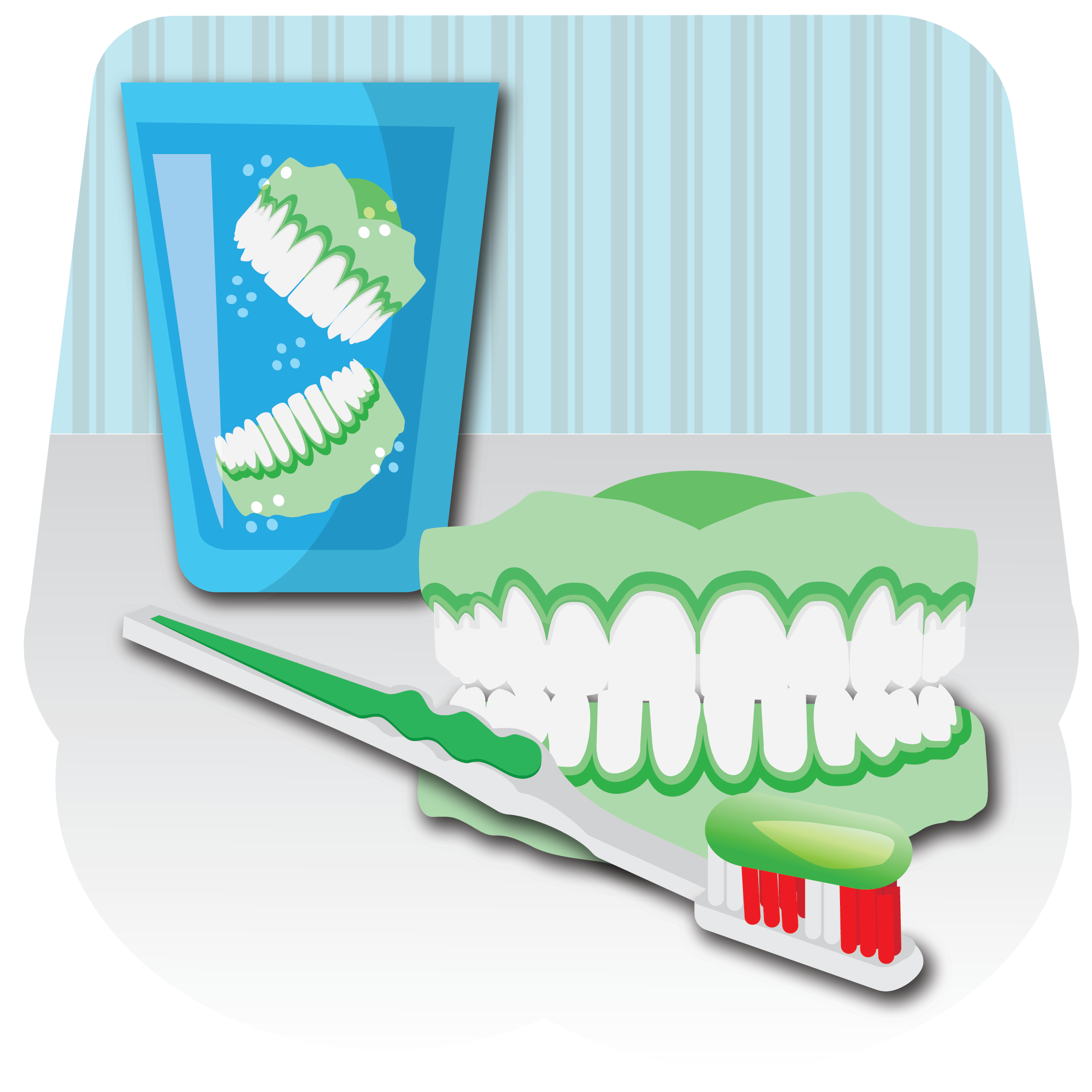 Illustration of dentures in a glass of cleaning solution and another set of dentures near a toothbrush with toothpaste on it