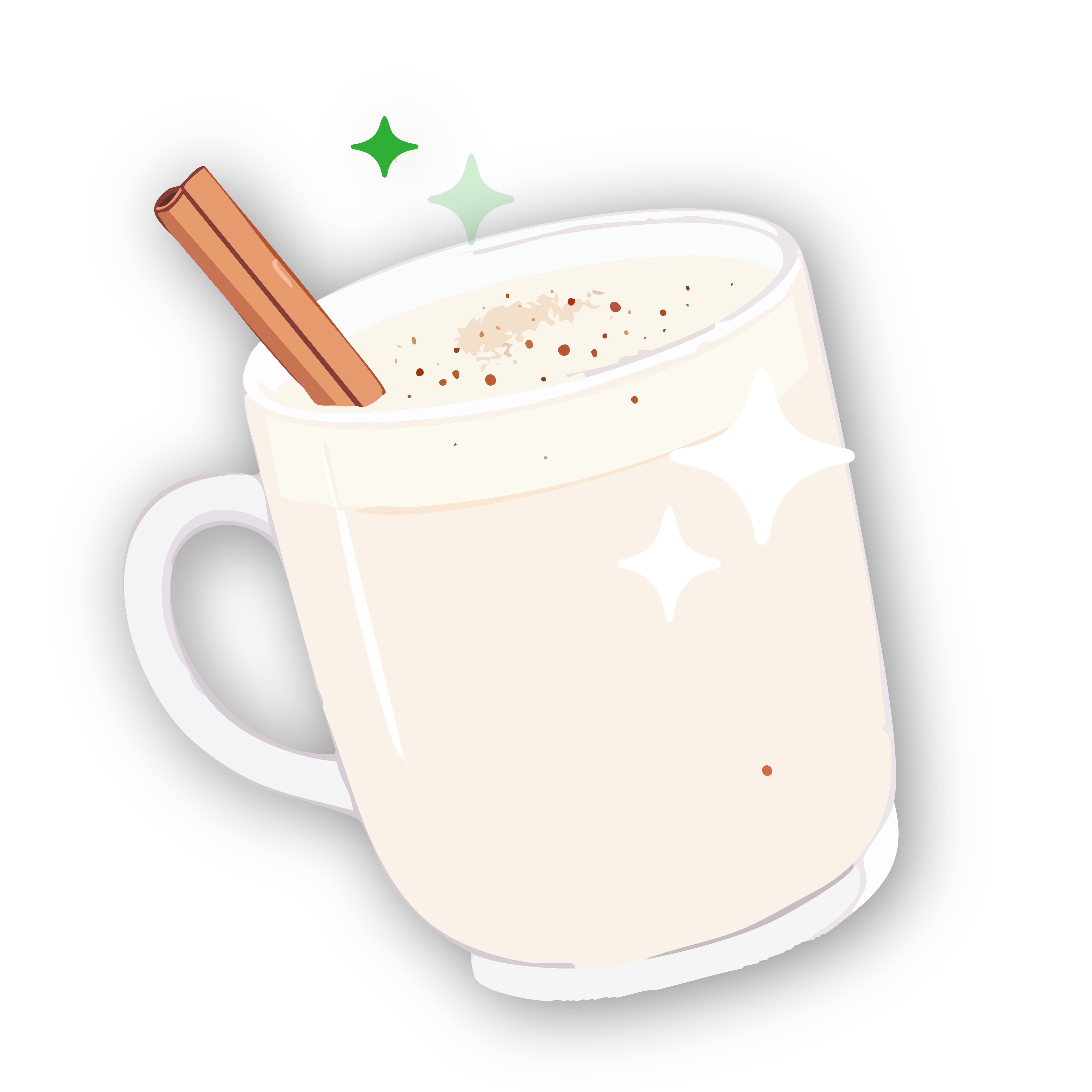 A cup of eggnog with a cinnamon stick to garnish