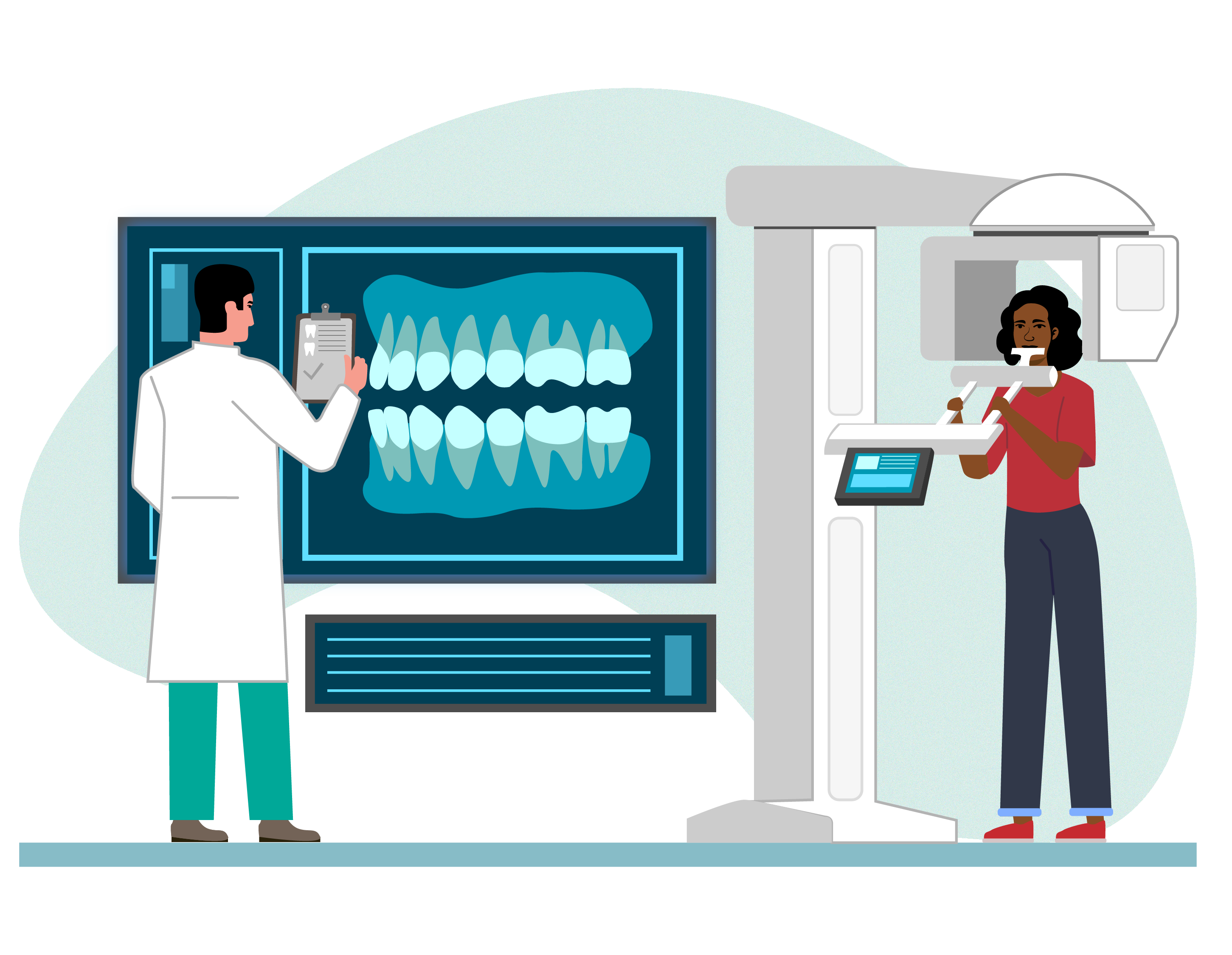 Illustration of woman standing in a dentist's office having her teeth x-rayed while a dentist stands in front a screen reviewing the images 