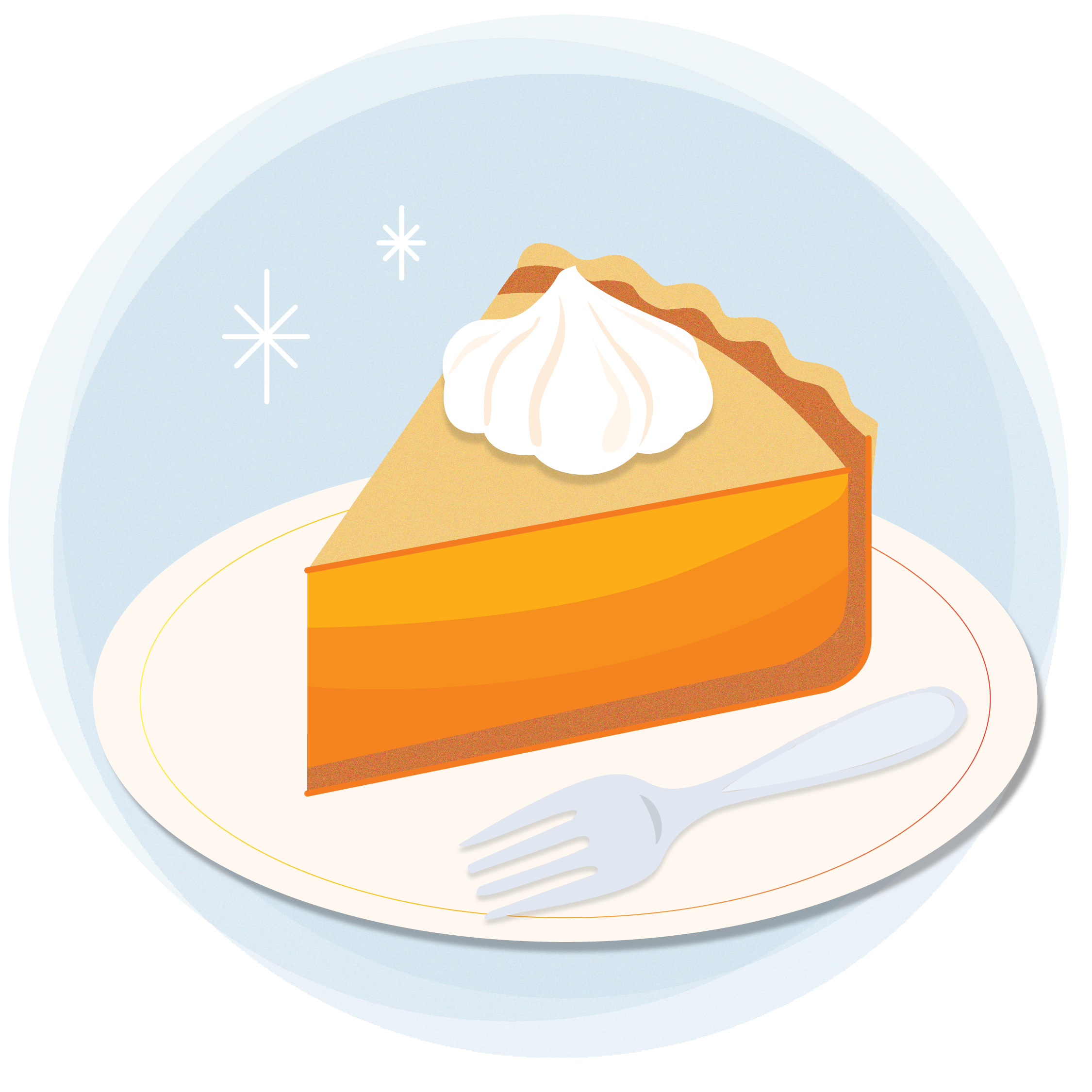 Illustration of a piece of pumpkin pie on a plate with a fork and a dollop of whipped cream on top