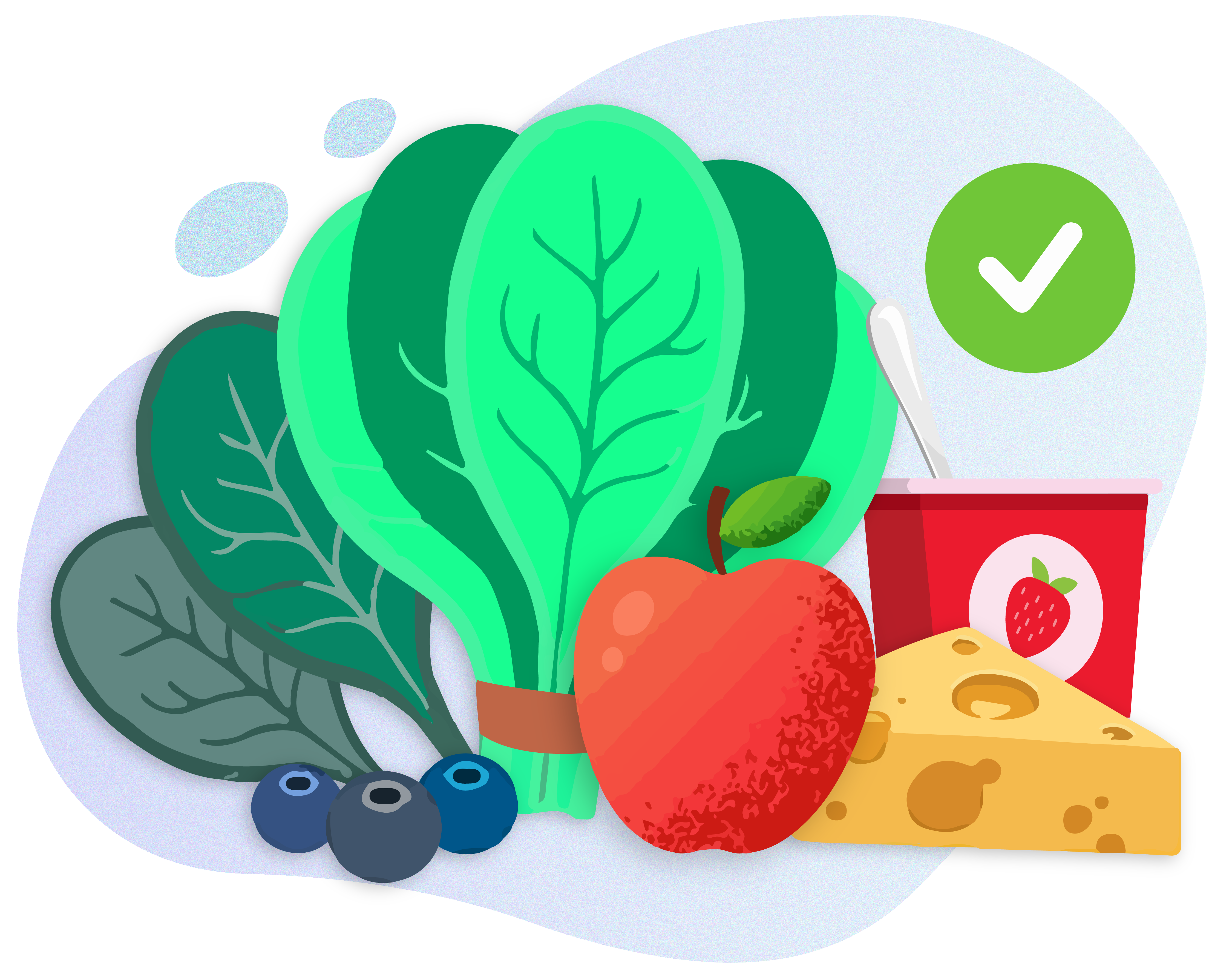 Illustration of healthy foods for your teeth like greens, fruits, cheese and yogurt 