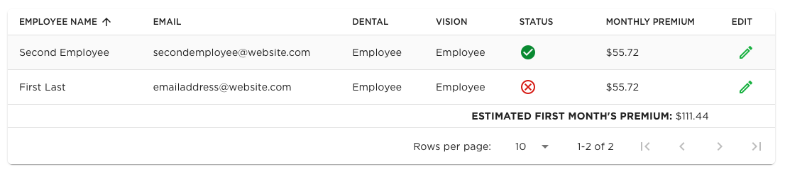 employment enrollment table screenshot