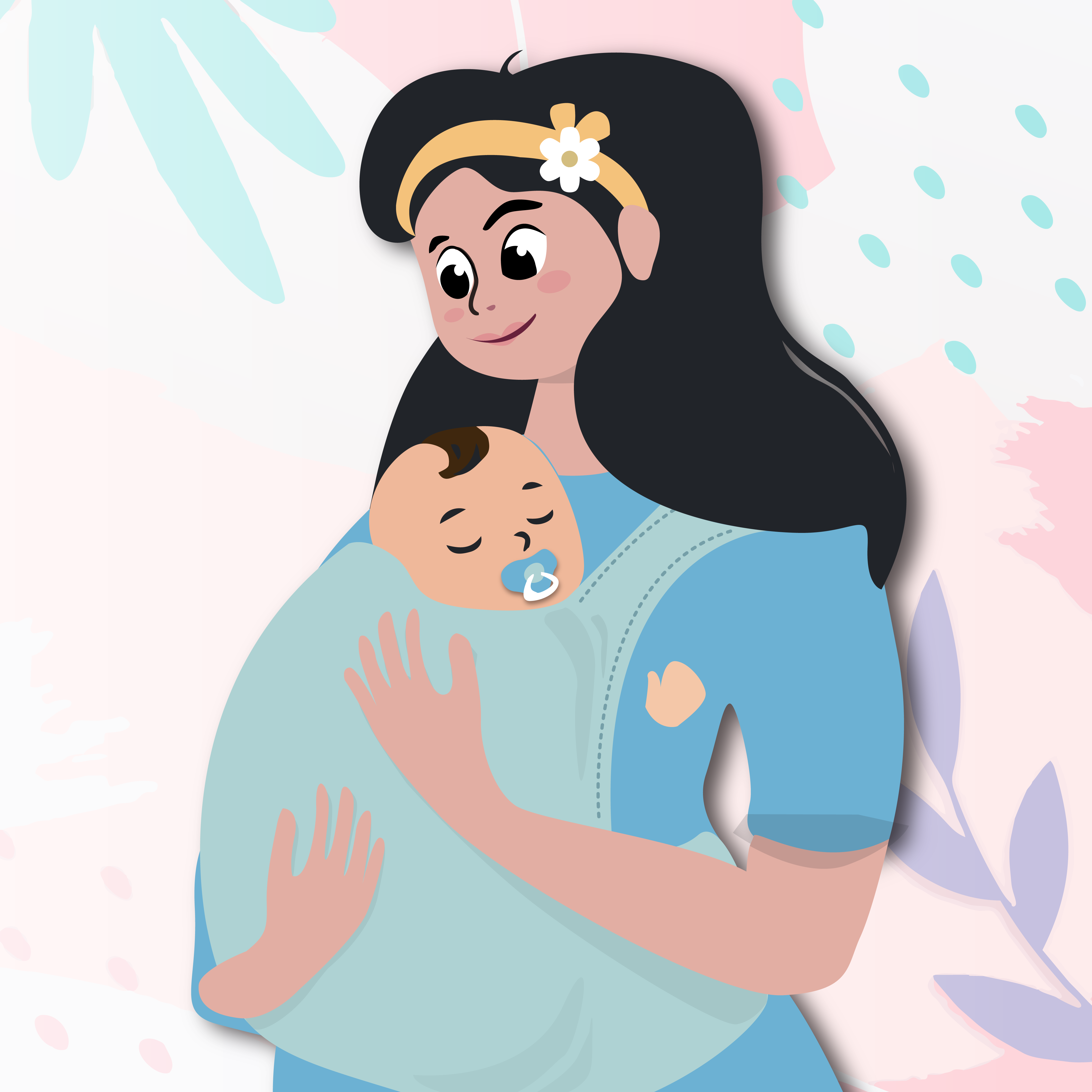 A woman holds her sleeping baby using a blanket wrap. 