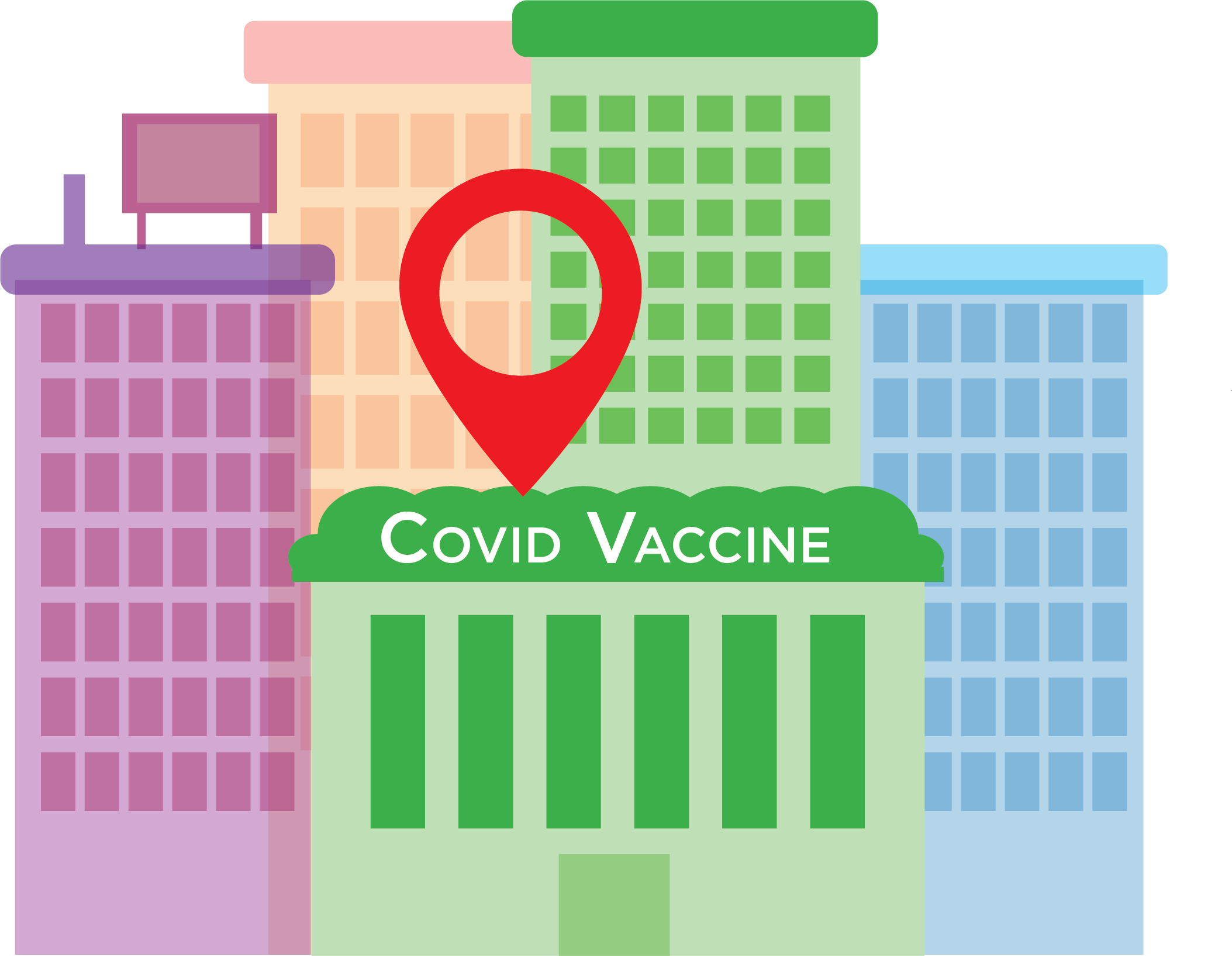 Buildings with location marker over green building labeled "COVID Vaccine"