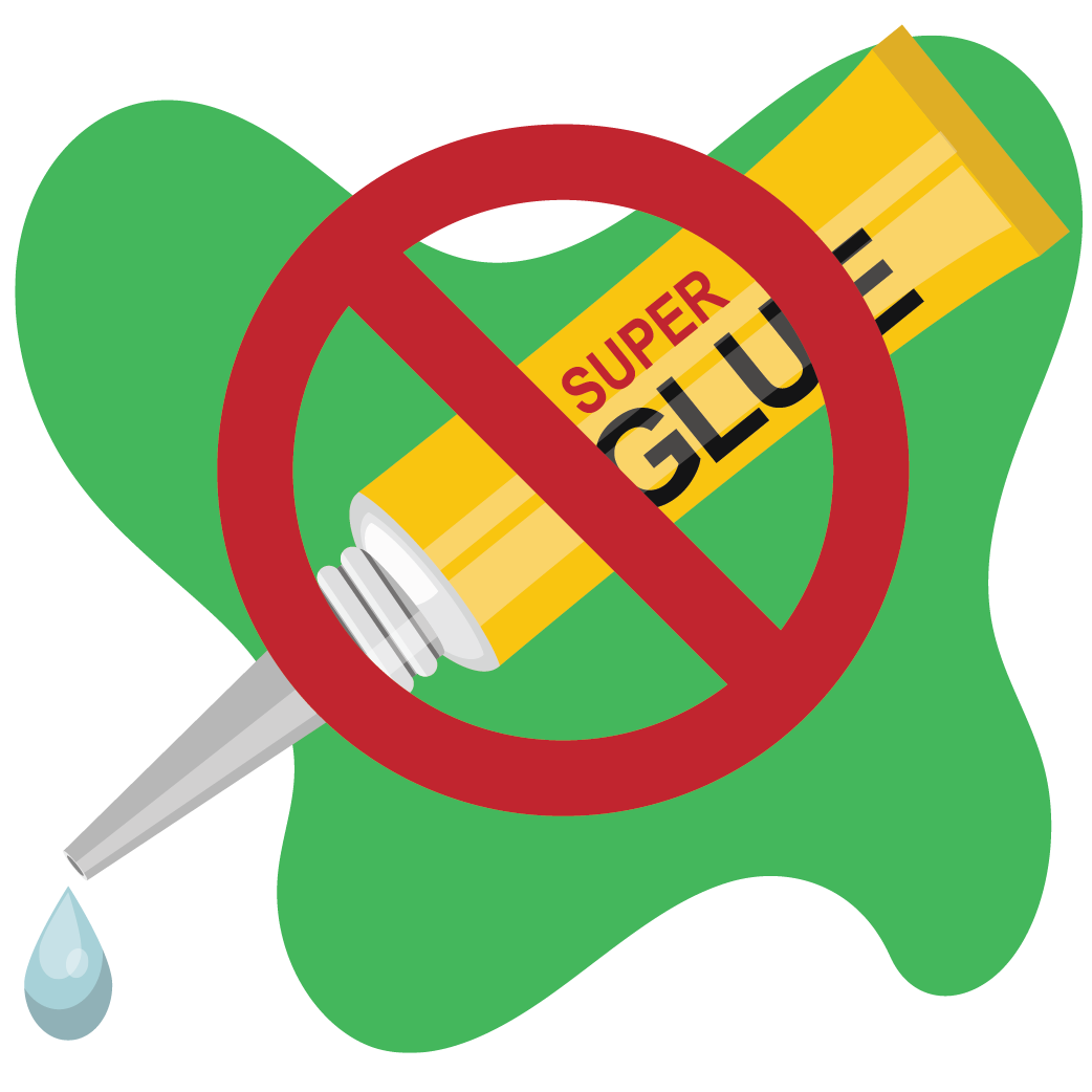 Illustration of a tube of super glue with a crossed-out red circle over the top to indicate it should not be used to apply dental jewelry. 